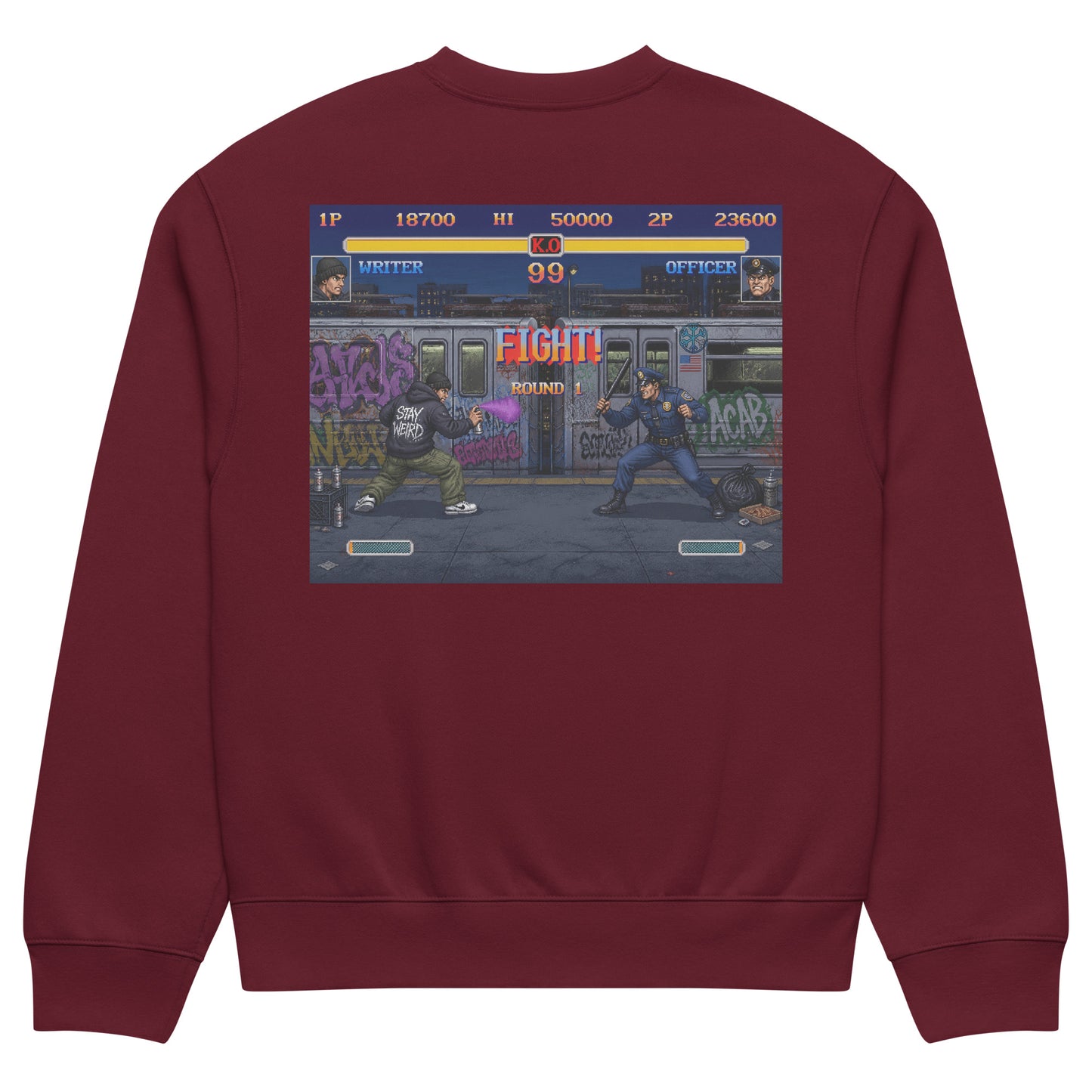 Maroon-Street Writer II Graffiti Sweatshirt from B.Different Clothing, back view, graffiti-inspired streetwear, oversized heavyweight