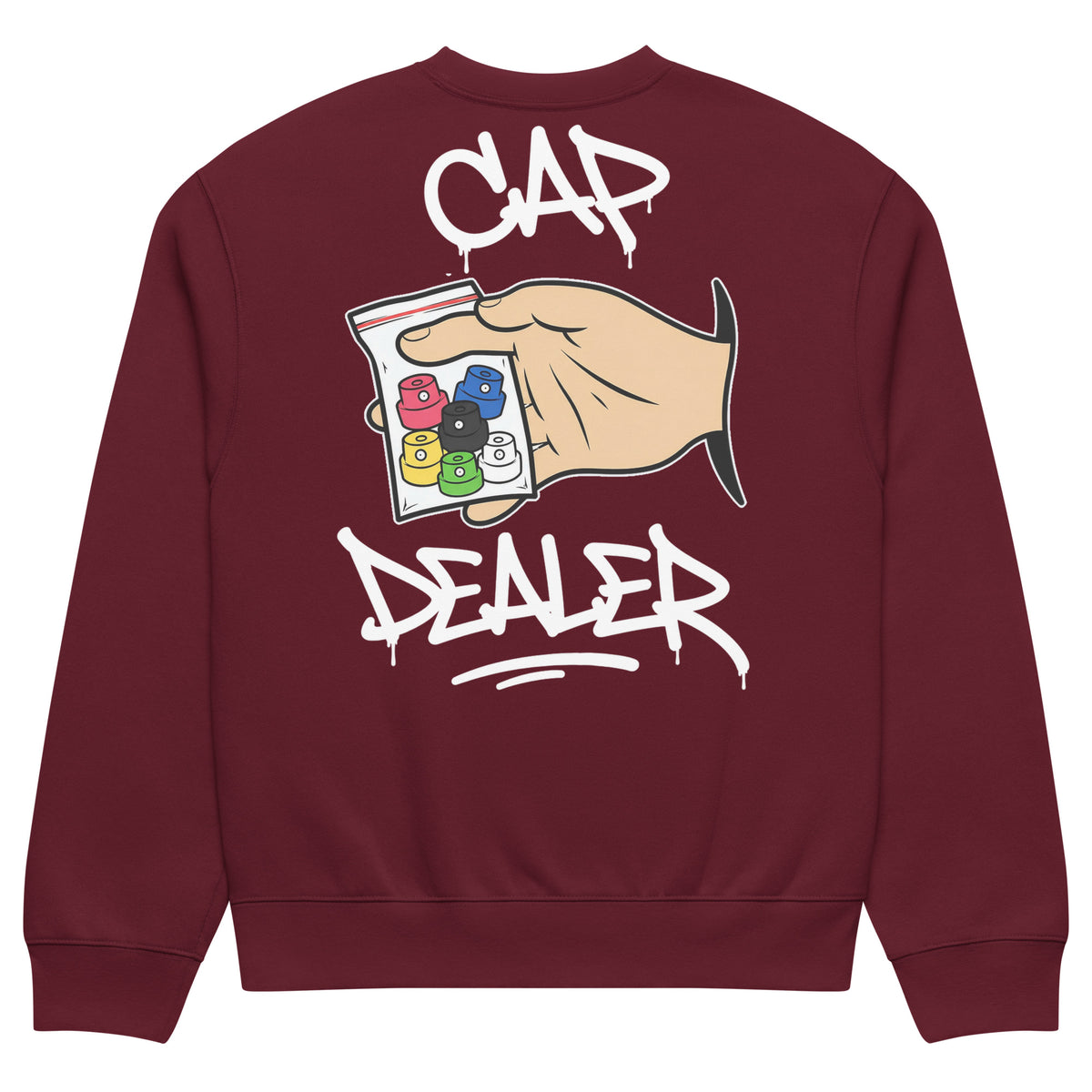 Maroon-Cap Dealer Graffiti Sweatshirt from B.Different Clothing, back view, graffiti-inspired streetwear