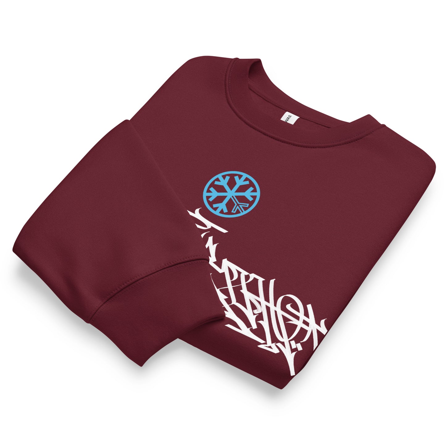Maroon-Shew Collab Graffiti Sweatshirt from B.Different Clothing, folded, graffiti-inspired streetwear, oversized heavyweight
