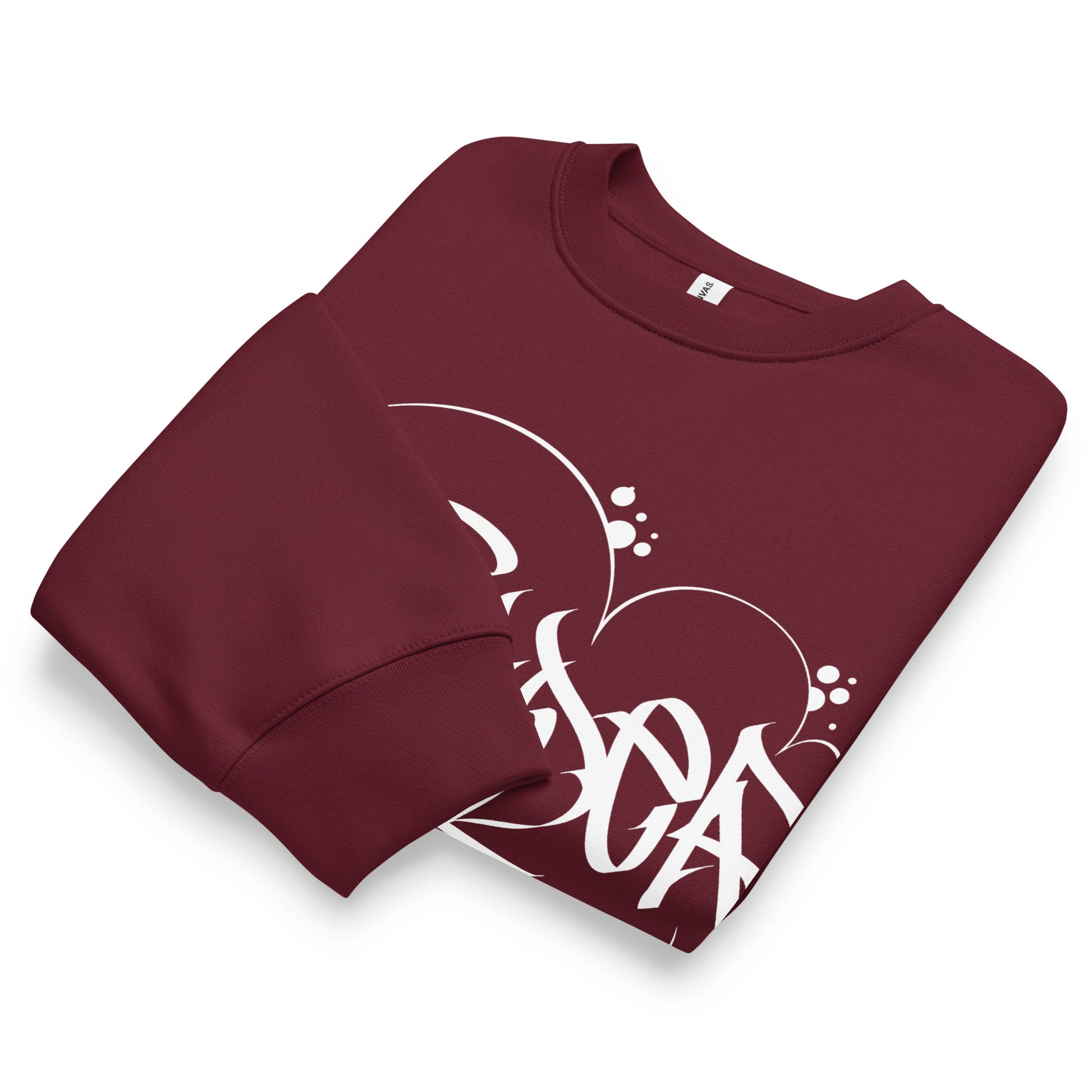 Maroon-Outsider Graffiti Tag Sweatshirt by Caos One from B.Different Clothing, folded, graffiti-inspired streetwear, oversized heavyweight