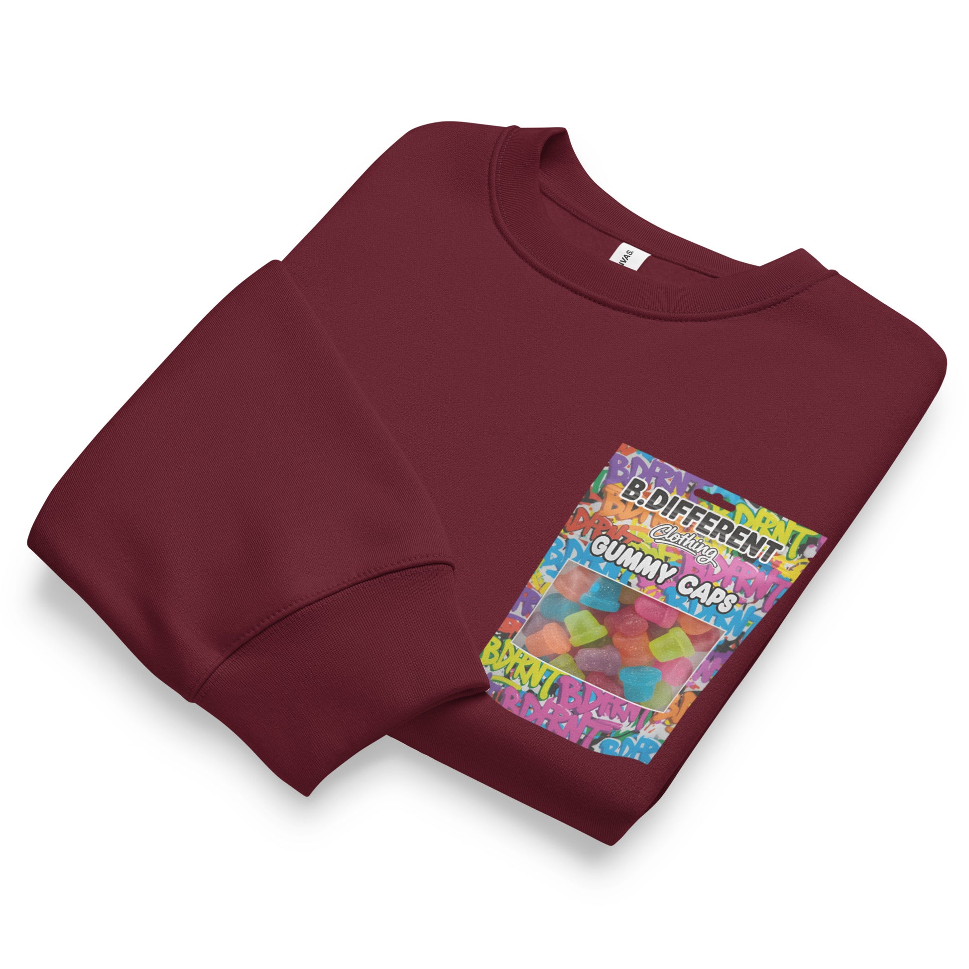 Maroon-Gummy Caps Graffiti Sweatshirt from B.Different Clothing, folded, graffiti-inspired streetwear, oversized heavyweight