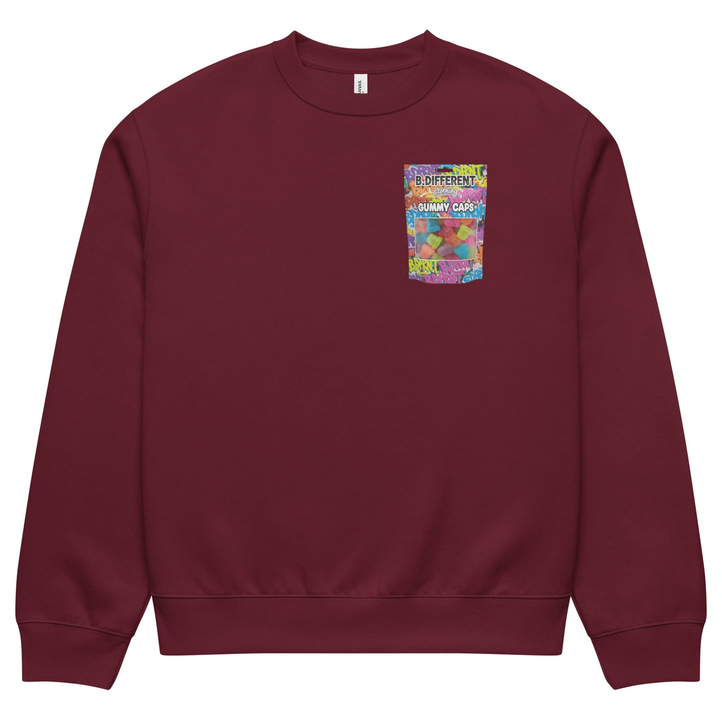 Maroon-Gummy Caps Graffiti Sweatshirt from B.Different Clothing, front view, graffiti-inspired streetwear, oversized heavyweight