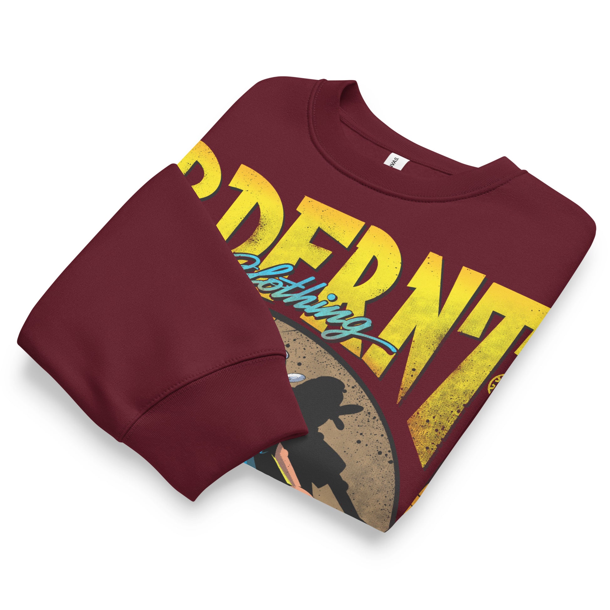 Maroon-Street Spotlight Graffiti Sweatshirt by Trk One from B.Different Clothing, folded, graffiti-inspired streetwear, oversized heavyweight