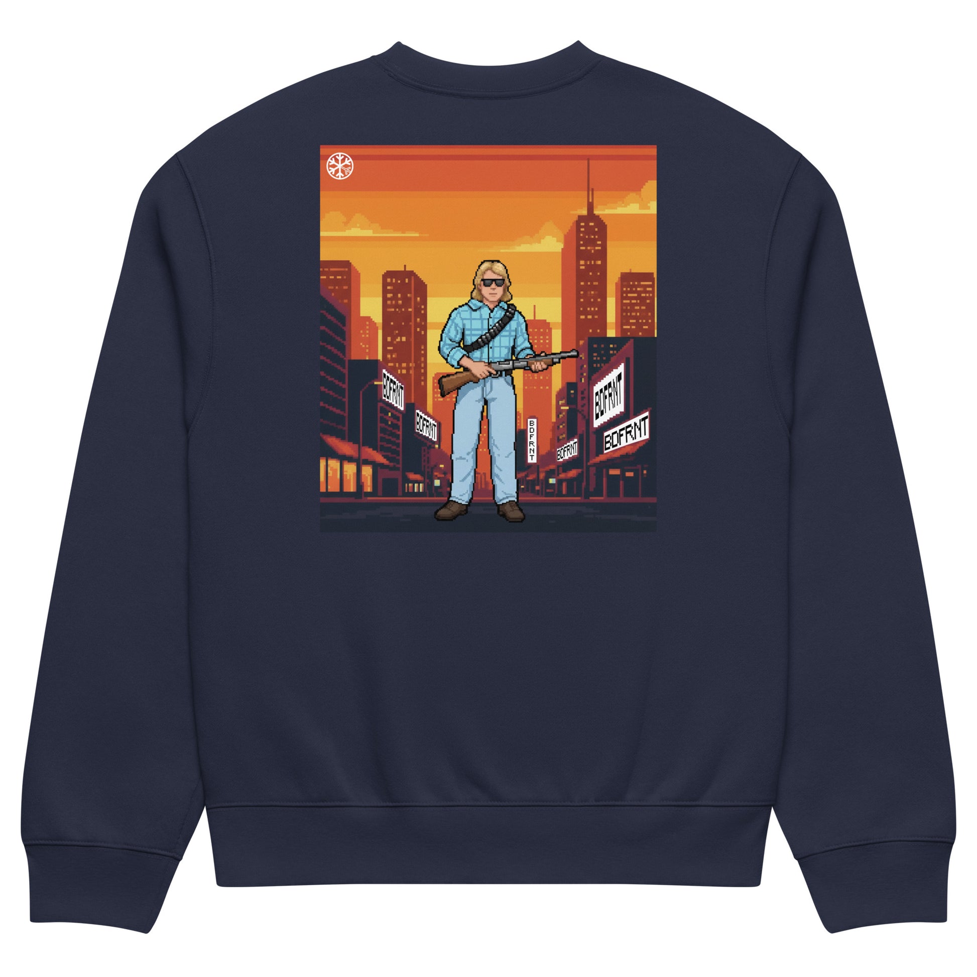 Navy-Pixel Disobey Sweatshirt from B.Different Clothing, back view, graffiti-inspired streetwear, oversized heavyweight