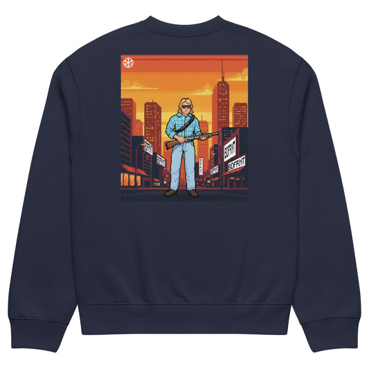 Navy-Pixel Disobey Sweatshirt from B.Different Clothing, back view, graffiti-inspired streetwear, oversized heavyweight