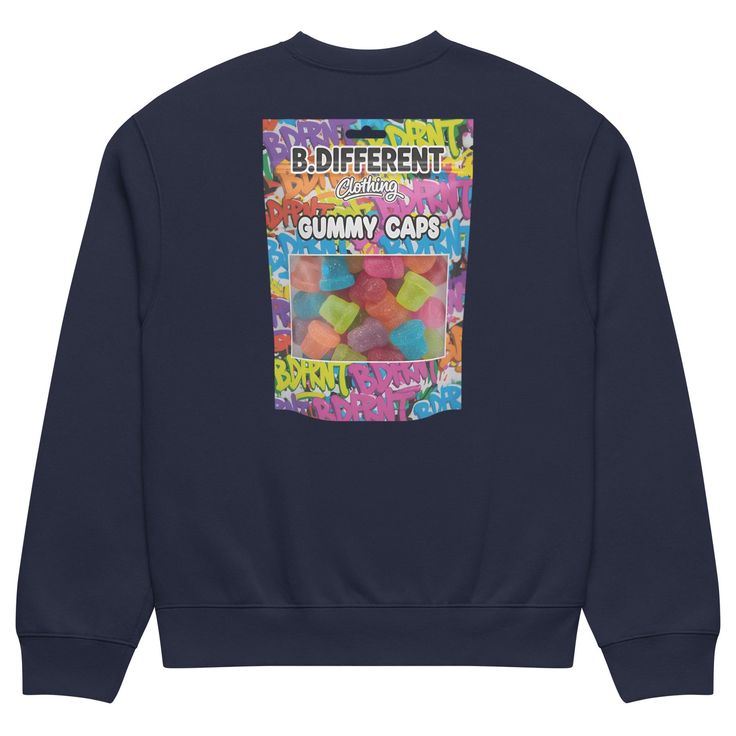 Navy-Gummy Caps Graffiti Sweatshirt from B.Different Clothing, back view, graffiti-inspired streetwear, oversized heavyweight