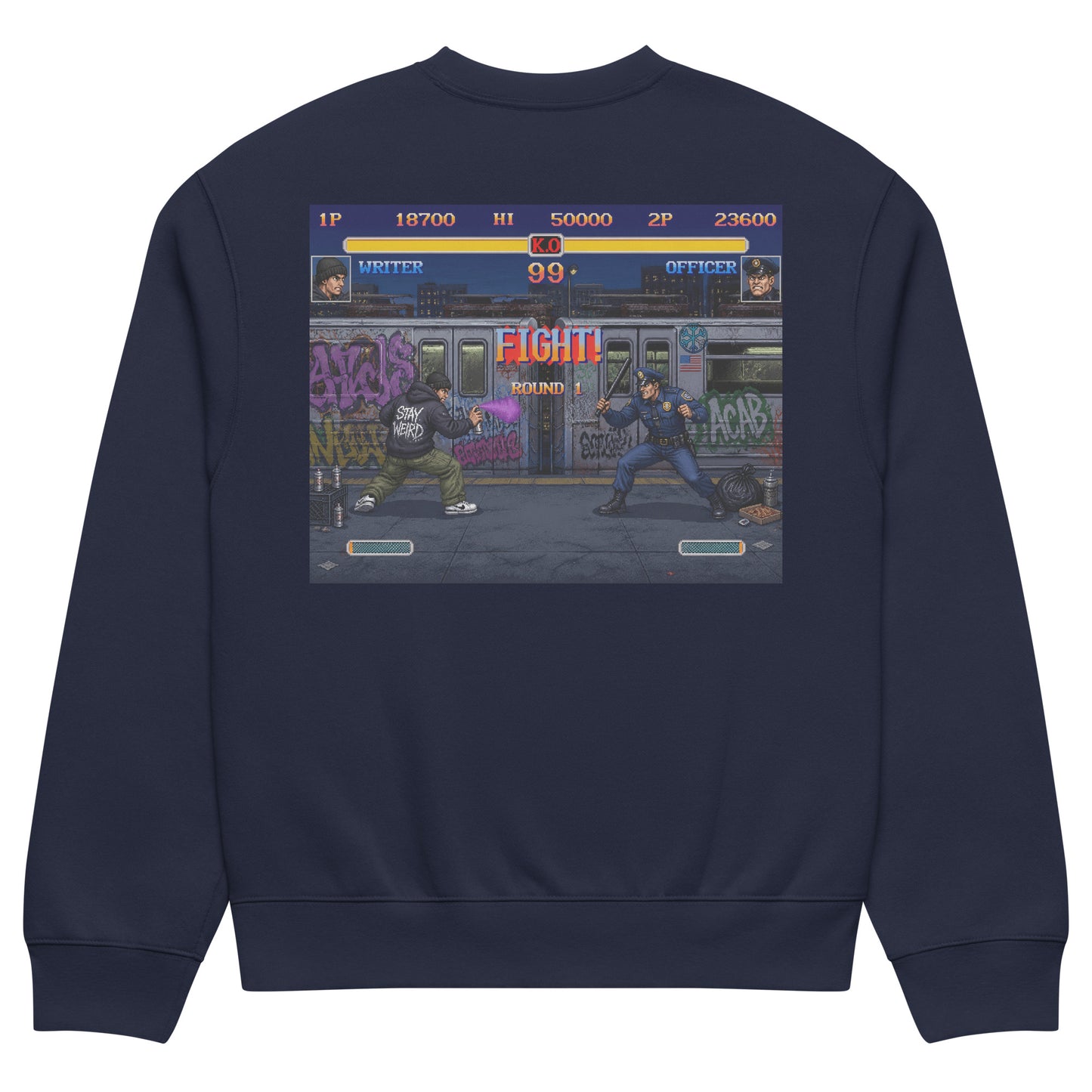 Navy-Street Writer II Graffiti Sweatshirt from B.Different Clothing, back view, graffiti-inspired streetwear, oversized heavyweight