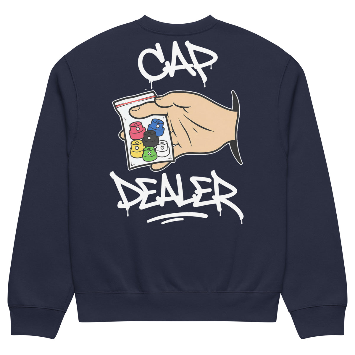 Navy-Cap Dealer Graffiti Sweatshirt from B.Different Clothing, back view, graffiti-inspired streetwear