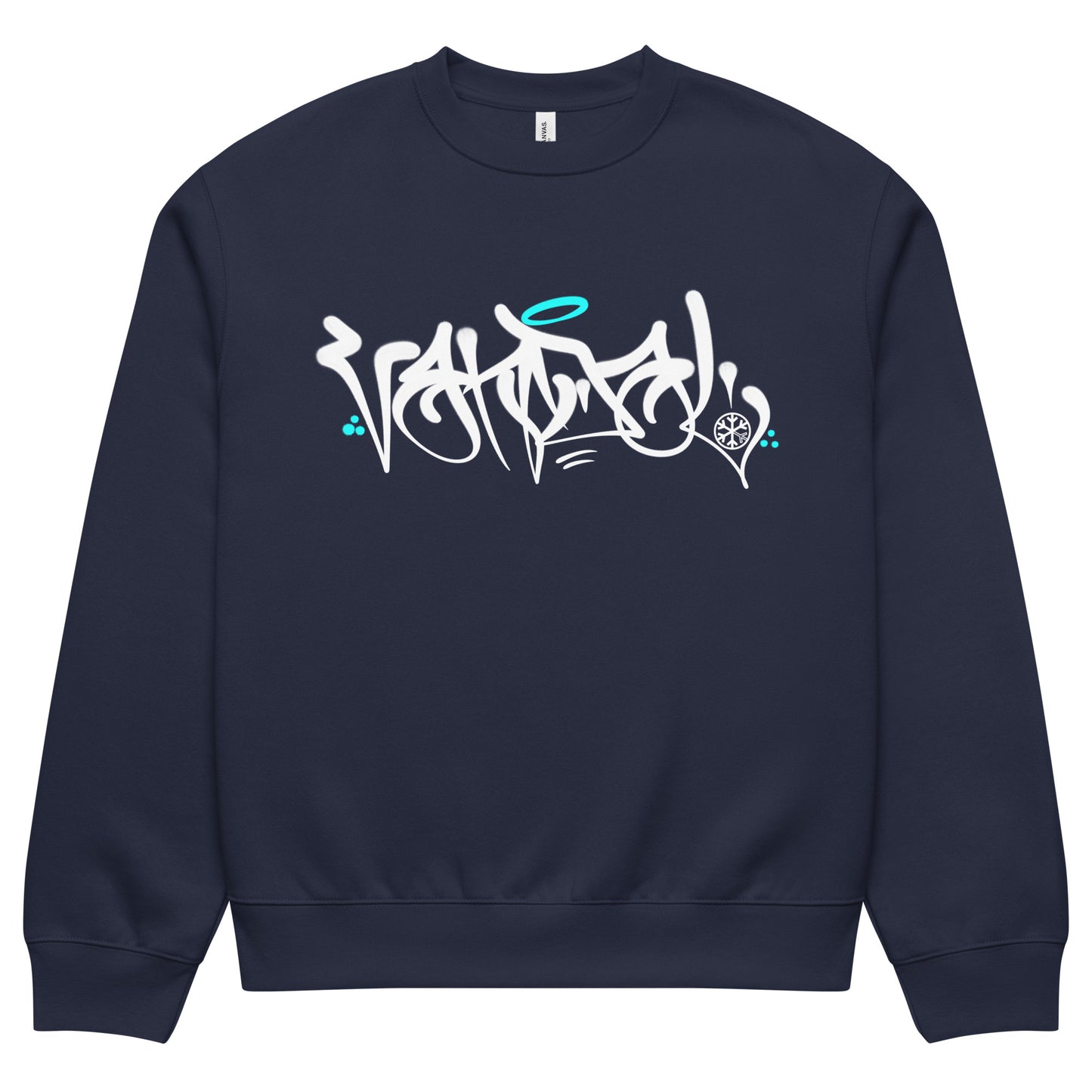 Navy-Vandal Graffiti Tag Sweatshirt by Caos One from B.Different Clothing, front view, graffiti-inspired streetwear, oversized heavyweight