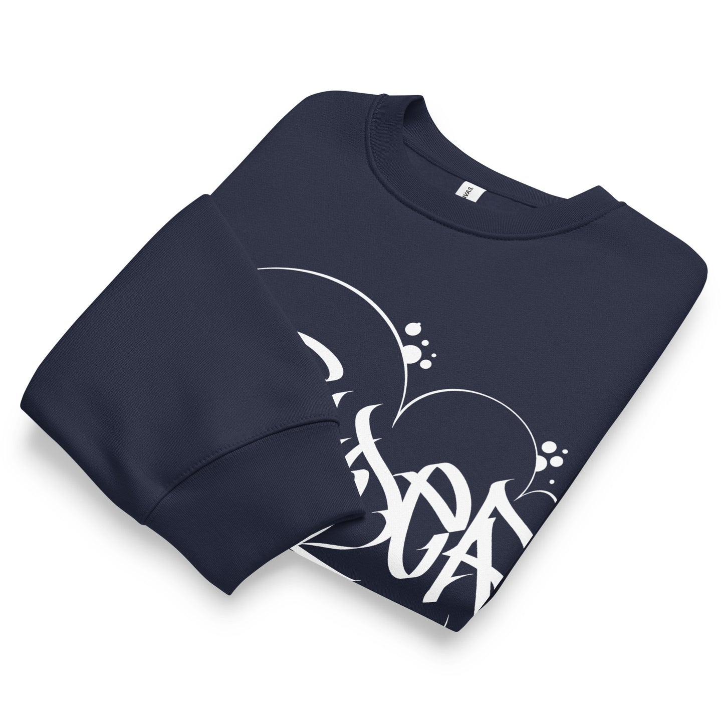 Navy-Outsider Graffiti Tag Sweatshirt by Caos One from B.Different Clothing, folded, graffiti-inspired streetwear, oversized heavyweight