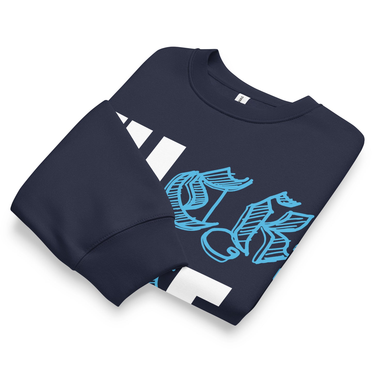 Navy-Fuck The Buff Graffiti Sweatshirt from B.Different Clothing, folded, graffiti-inspired streetwear, oversized heavyweight