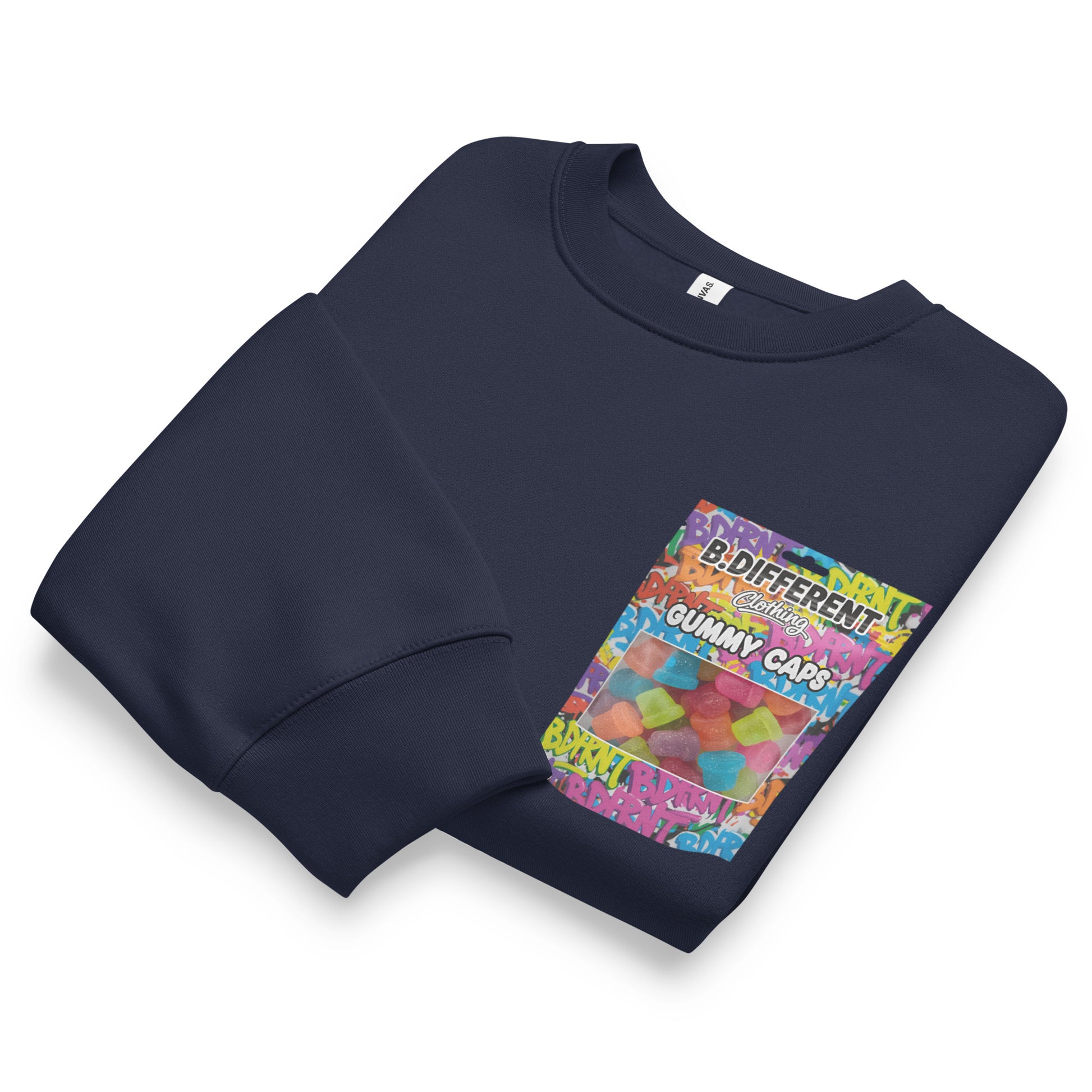Navy-Gummy Caps Graffiti Sweatshirt from B.Different Clothing, folded, graffiti-inspired streetwear, oversized heavyweight
