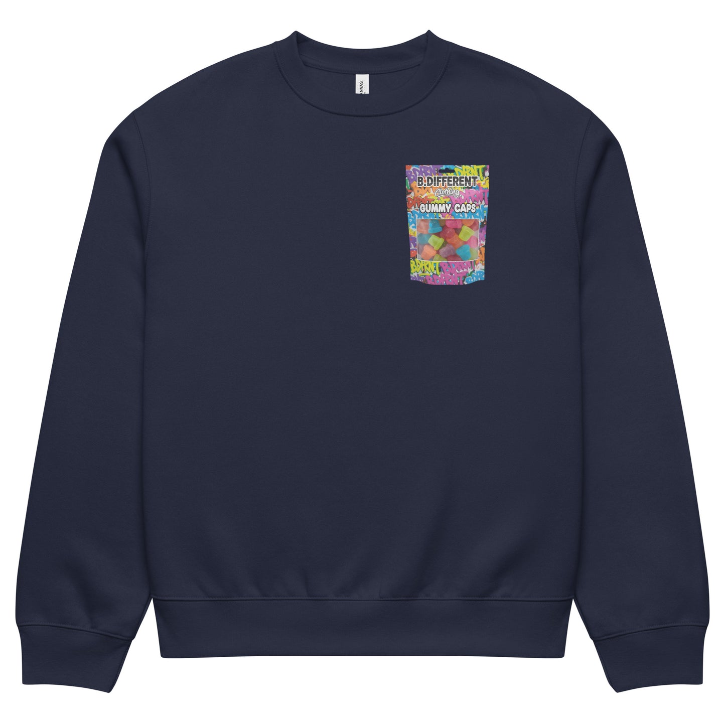 Navy-Gummy Caps Graffiti Sweatshirt from B.Different Clothing, front view, graffiti-inspired streetwear, oversized heavyweight
