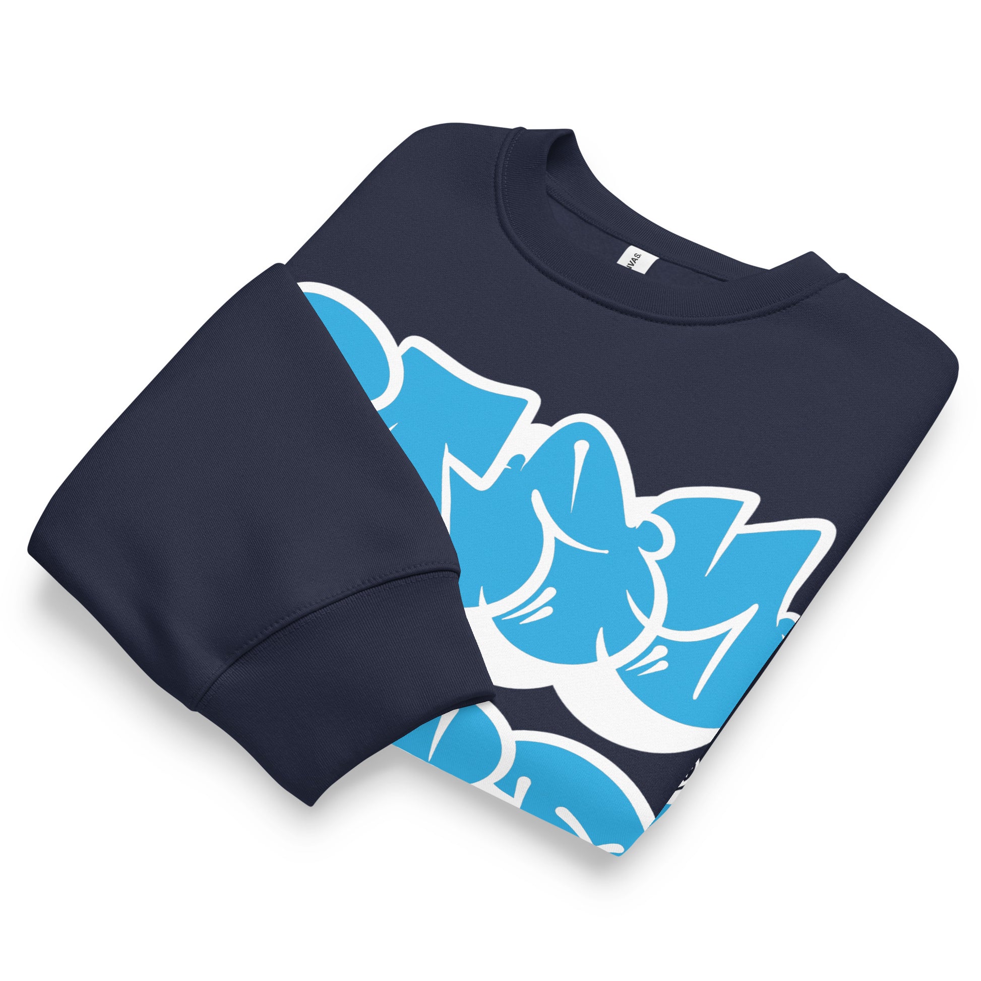 Navy-Stay Weird Graffiti Throwie Sweatshirt by Monsterinho from B.Different Clothing, folded, graffiti-inspired streetwear, oversized heavyweight