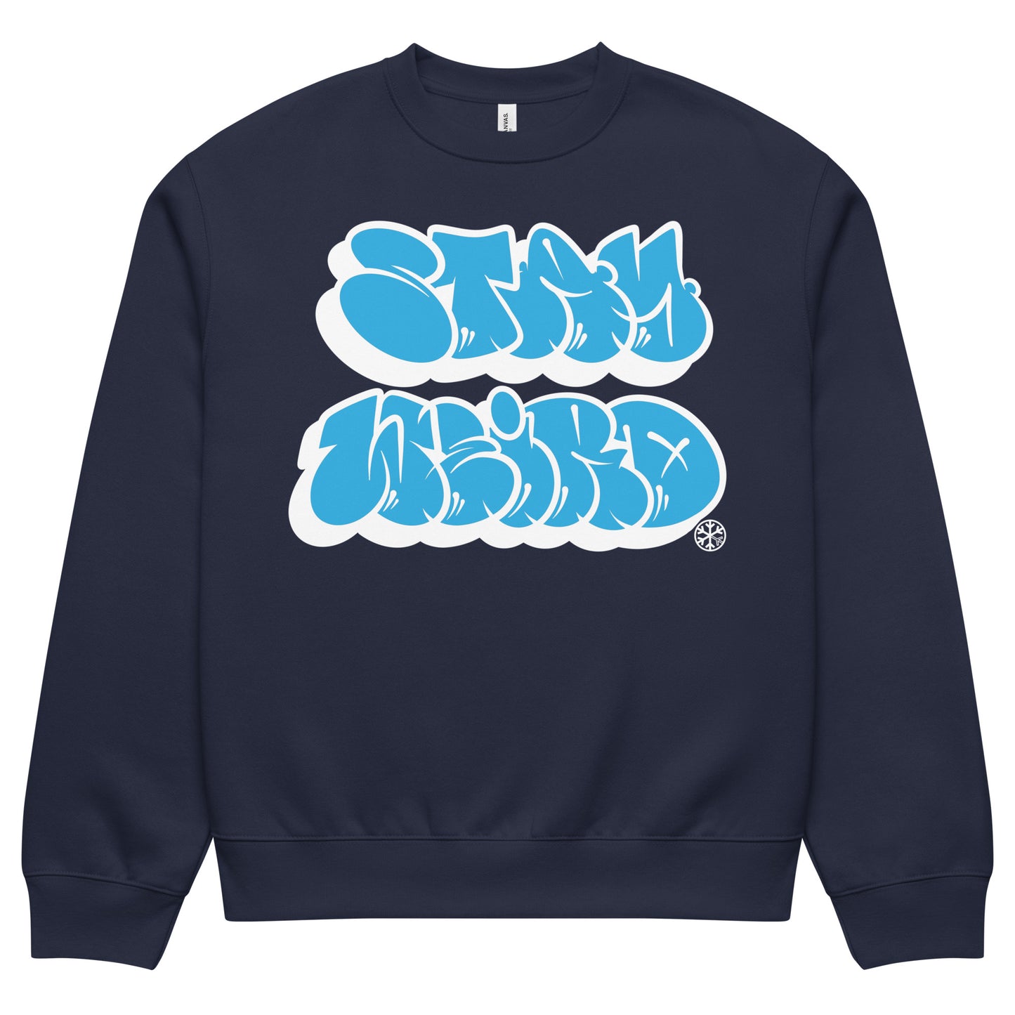 Navy-Stay Weird Graffiti Throwie Sweatshirt by Monsterinho from B.Different Clothing, front view, graffiti-inspired streetwear, oversized heavyweight