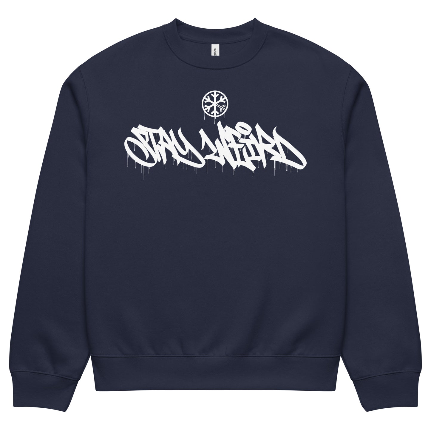 Navy-Stay Weird Graffiti Tag Sweatshirt by Monsterinho from B.Different Clothing, folded, graffiti-inspired streetwear, oversized heavyweight