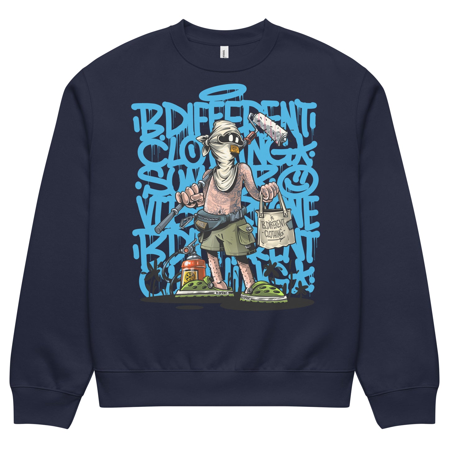 Navy-Summer Graffiti Sweatshirt by Trk One from B.Different Clothing, front view, graffiti-inspired streetwear, oversized heavyweight