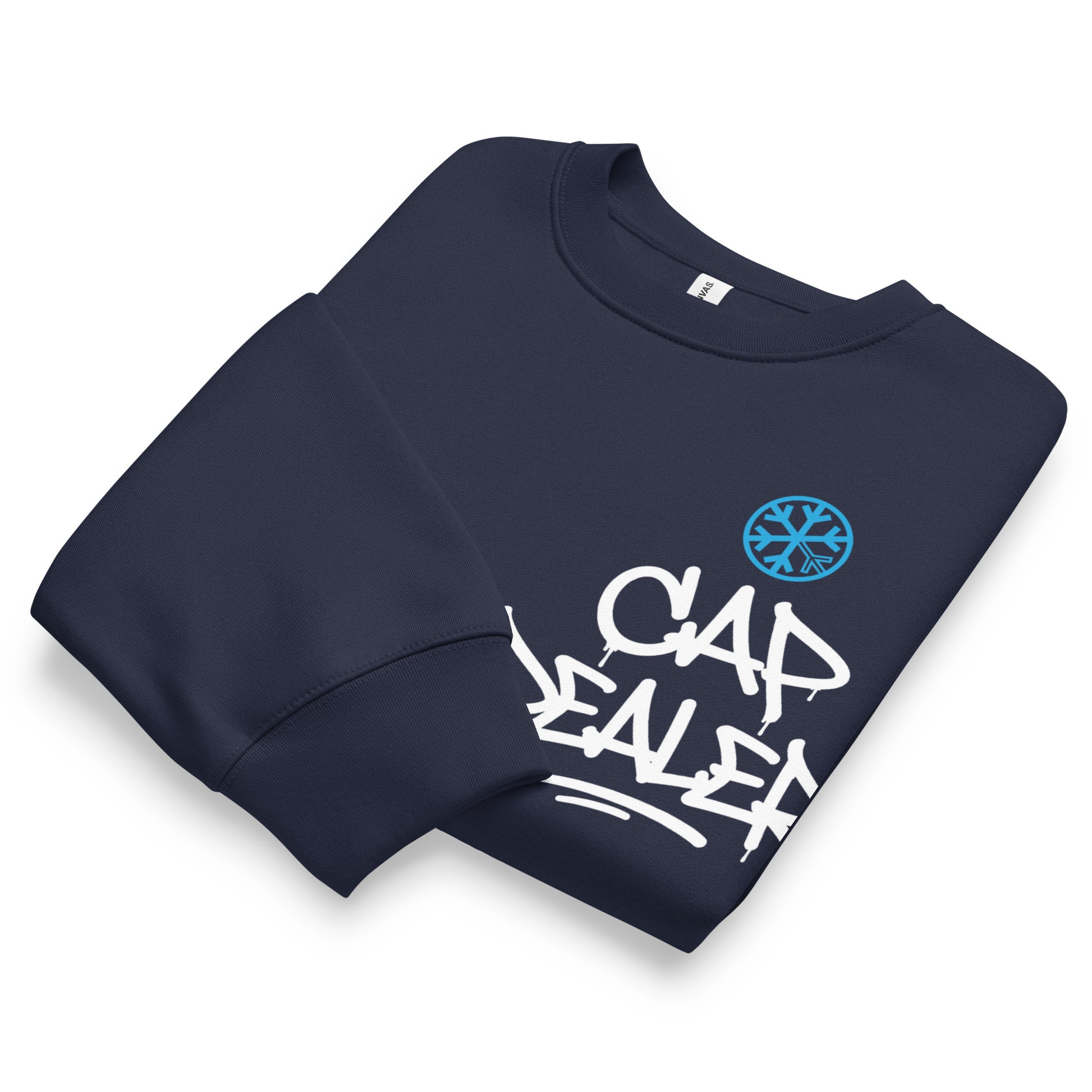 Navy-Cap Dealer Graffiti Sweatshirt from B.Different Clothing, folded, graffiti-inspired streetwear