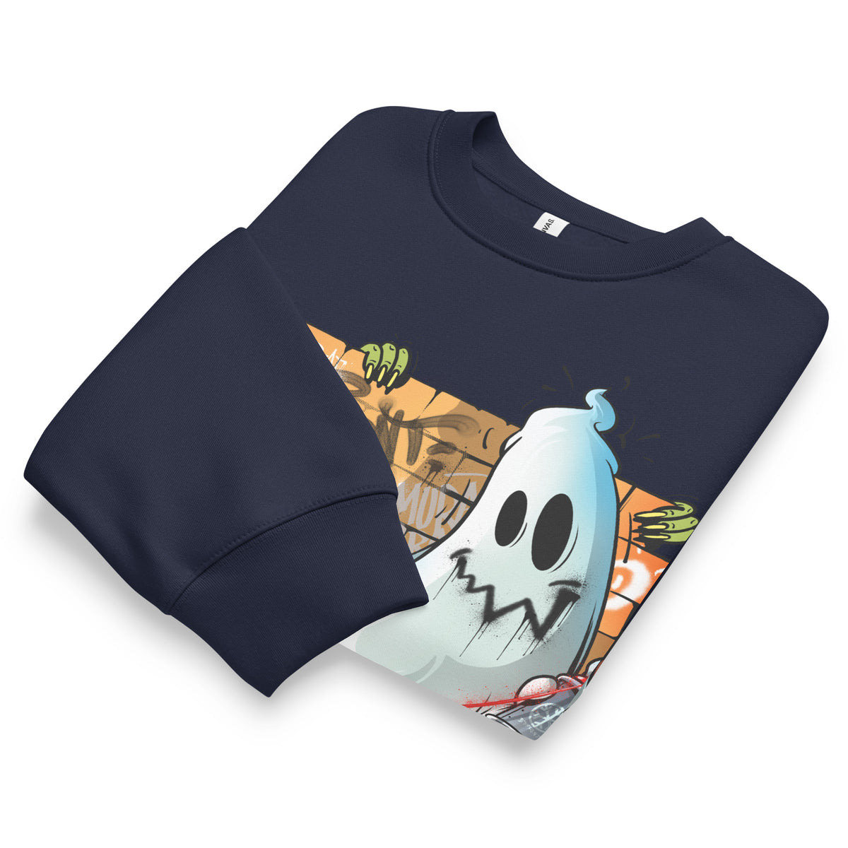 Navy-Spooky Graffiti Sweatshirt by Trk One from B.Different Clothing, folded, graffiti-inspired streetwear, oversized heavyweight