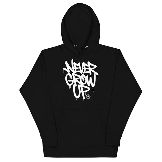 Black-Never Grow Up Graffiti Hoodie from B.Different Clothing, front view, graffiti-inspired streetwear