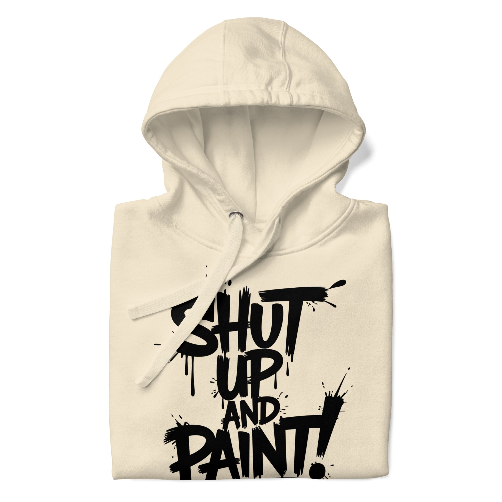 Beige-Shut Up and Paint Graffiti Hoodie from B.Different Clothing, folded, graffiti-inspired streetwear