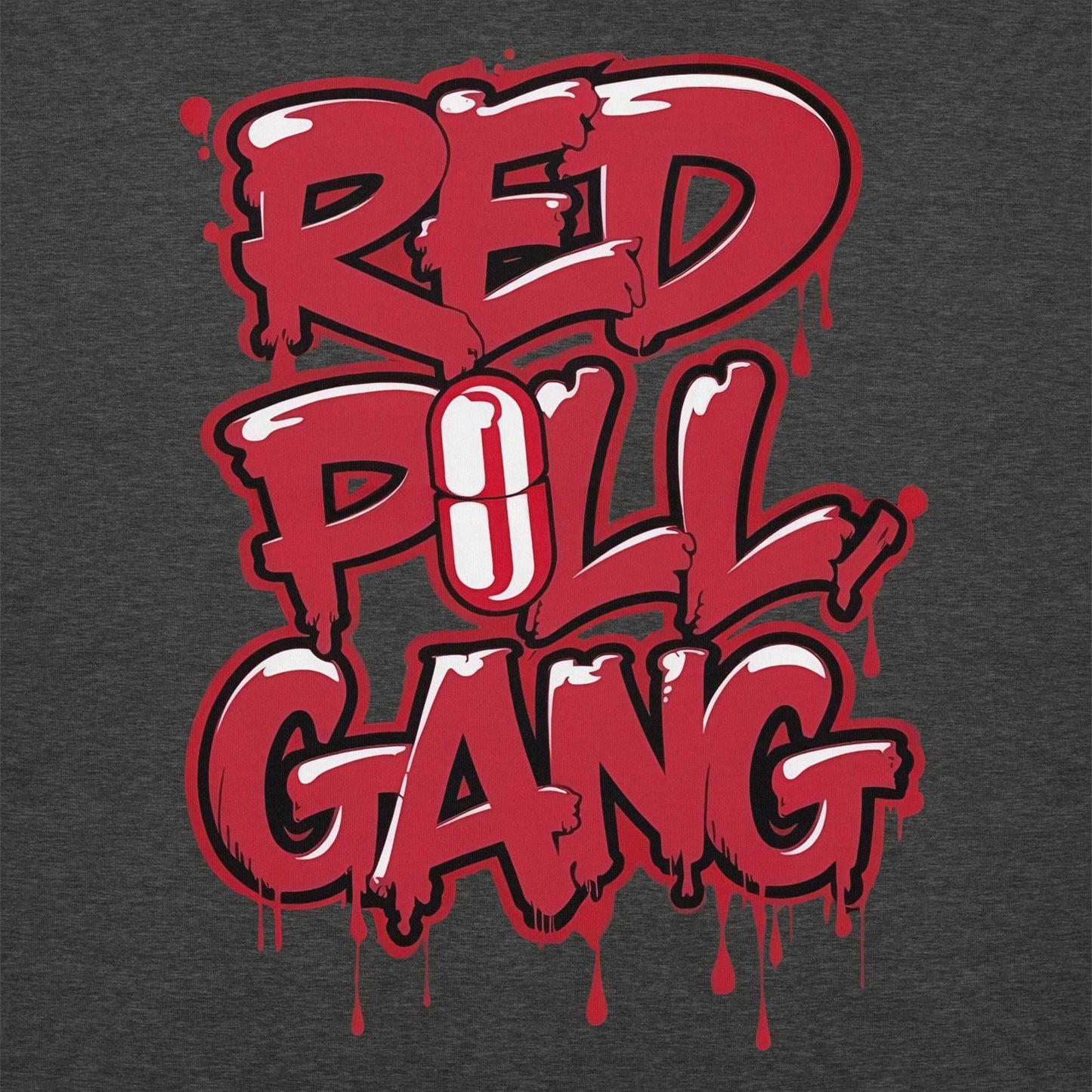 graphic of red pill gang hoodie dark gray B.Different Clothing graffiti street art inspired independent streetwear brand