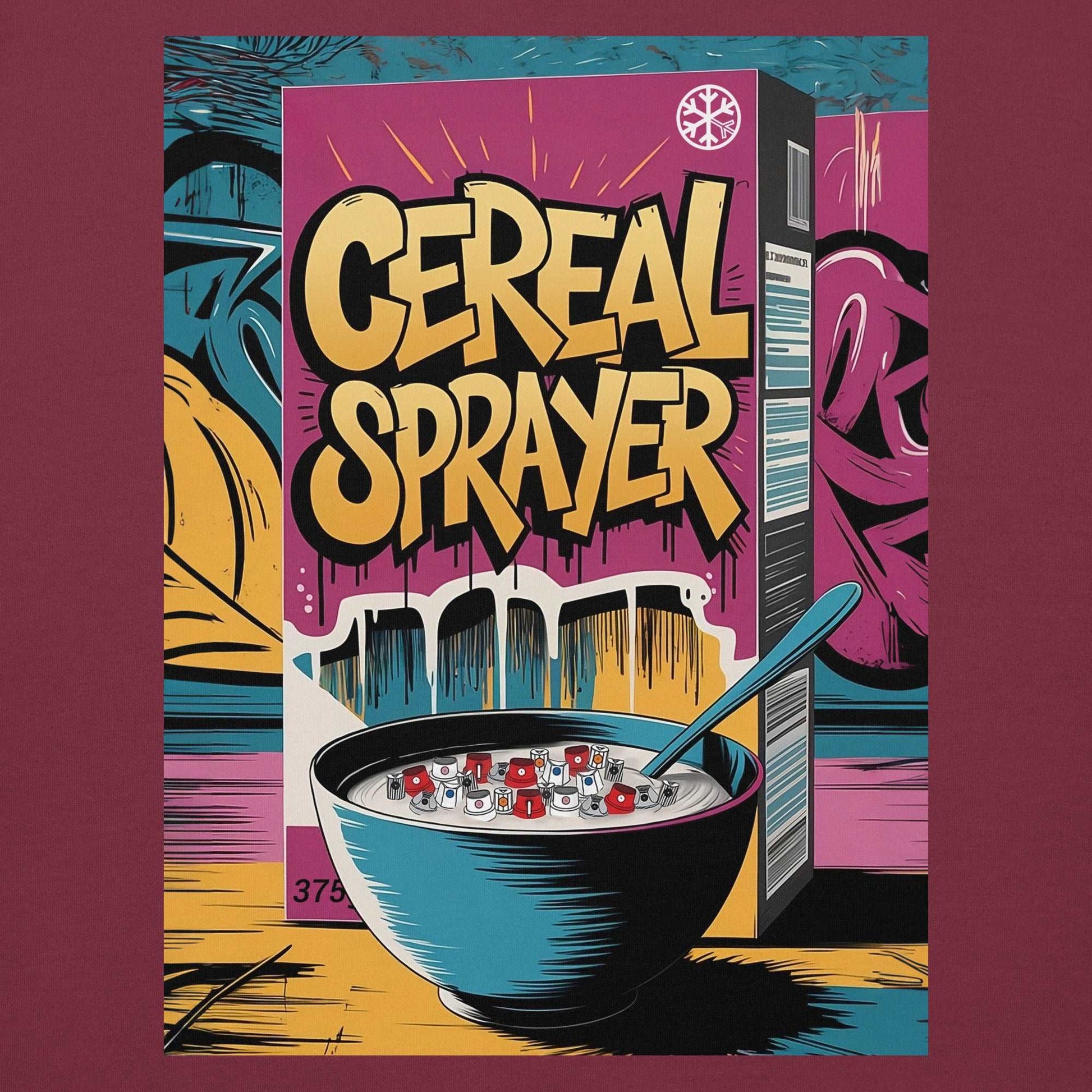 graphic of Cereal Sprayer Graffiti Hoodie maroon B.Different Clothing graffiti street art inspired streetwear brand