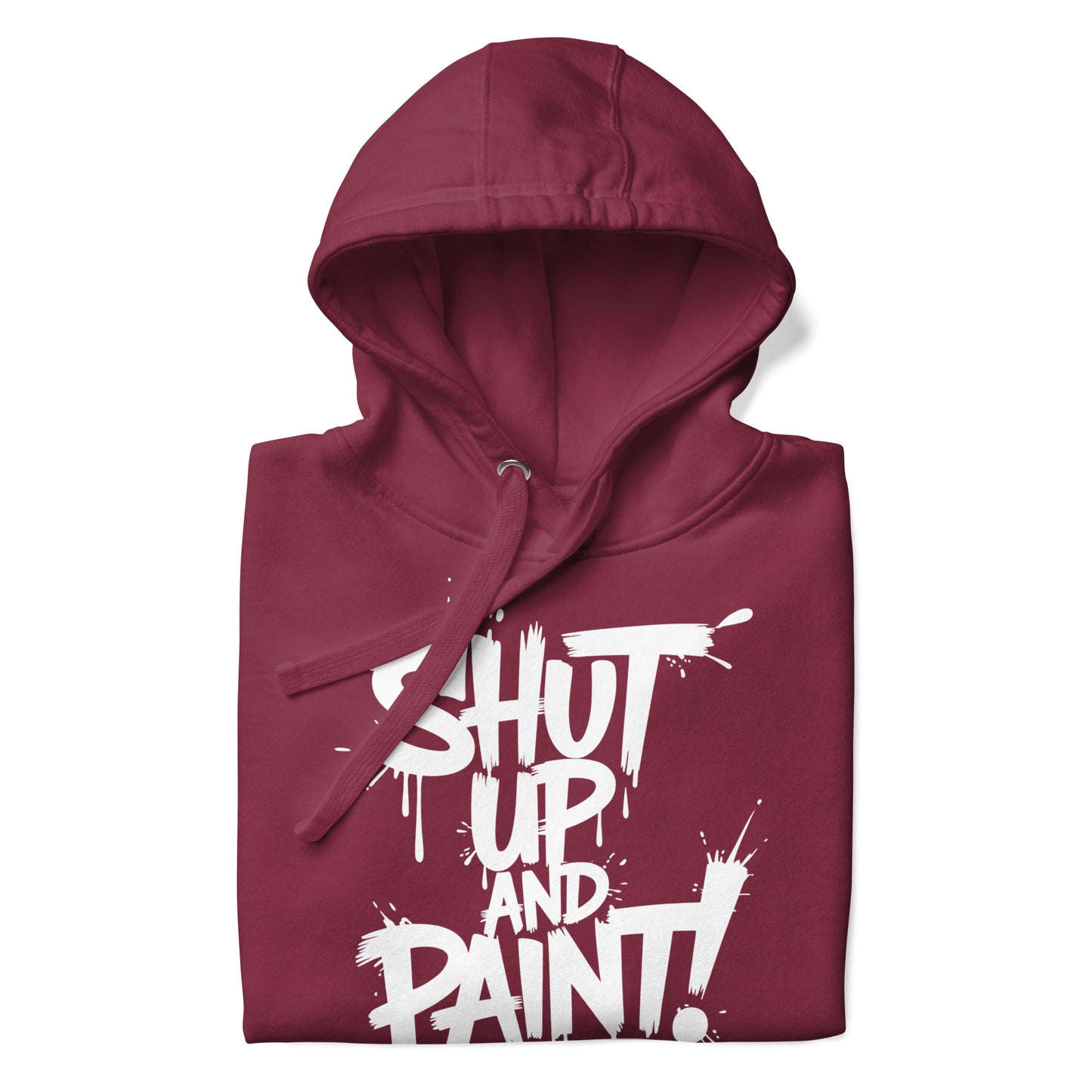 Maroon-Shut Up and Paint Graffiti Hoodie from B.Different Clothing, folded, graffiti-inspired streetwear