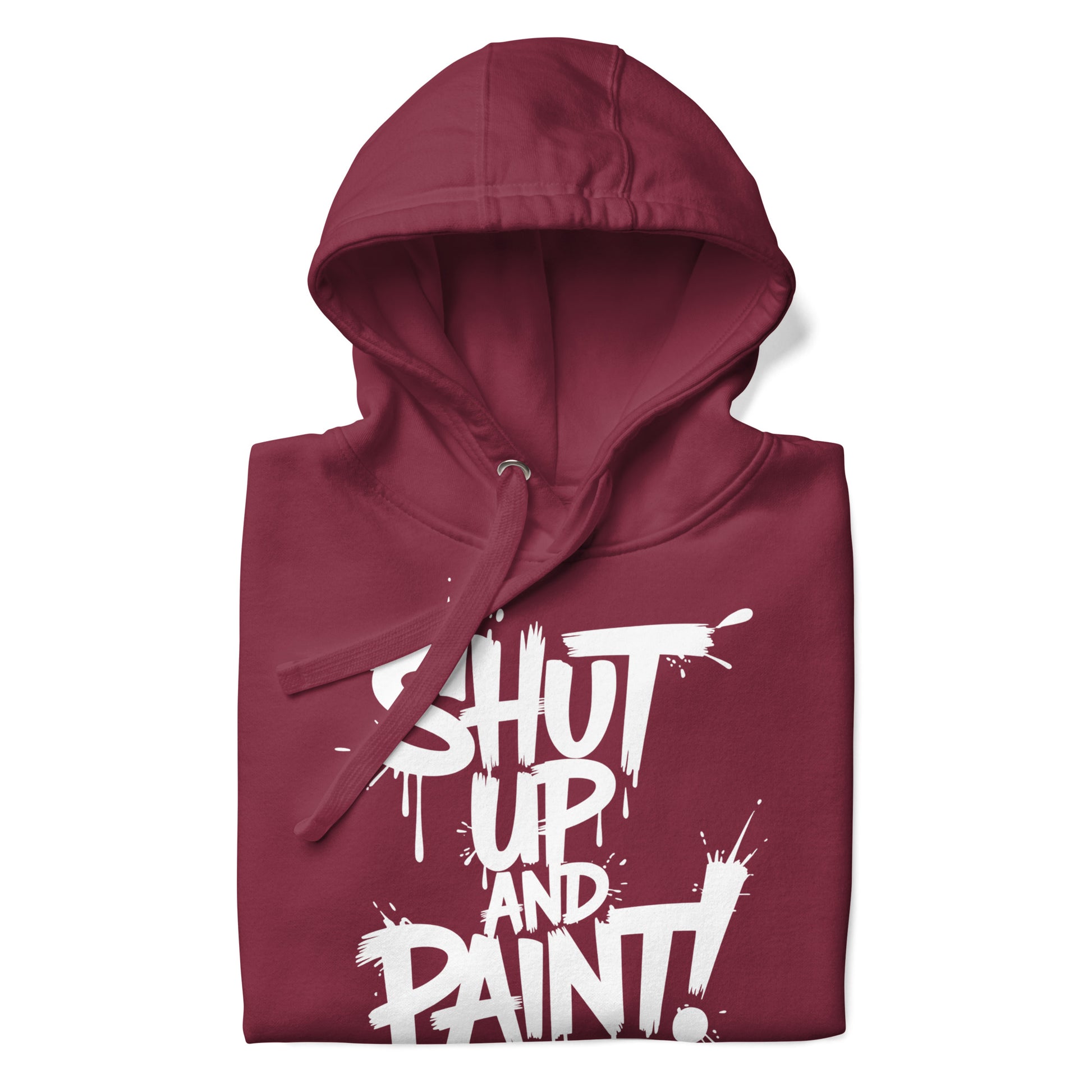 Maroon-Shut Up and Paint Graffiti Hoodie from B.Different Clothing, folded, graffiti-inspired streetwear