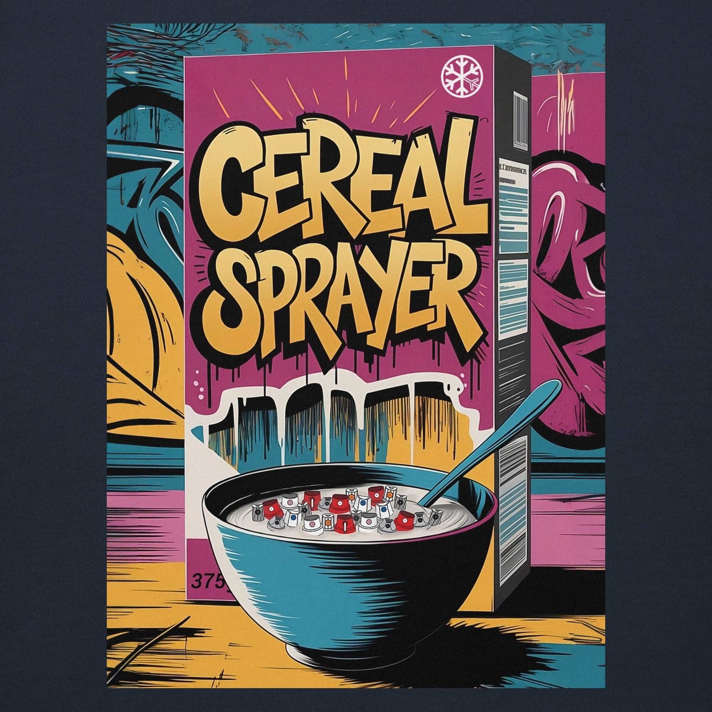 graphic of Cereal Sprayer Graffiti hoodie navy B.Different Clothing graffiti street art inspired streetwear brand