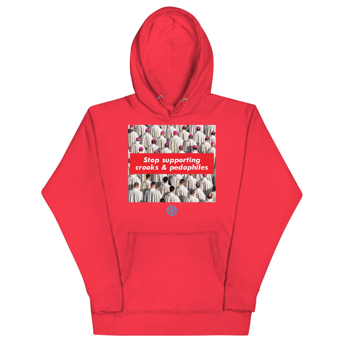 Red-Vatican Crooks Hoodie from B.Different Clothing, front view, graffiti-inspired streetwear