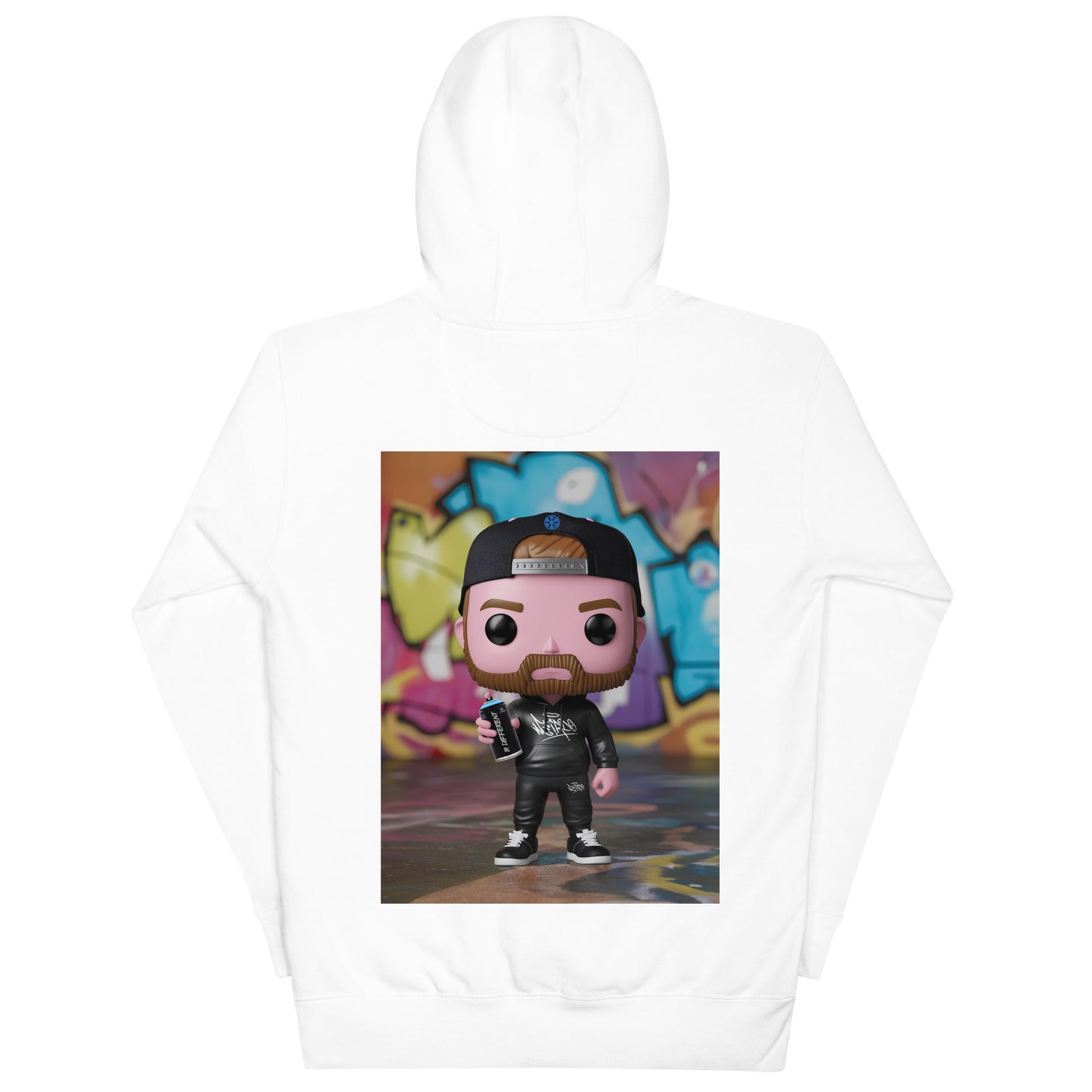 back of graffiti artist vinyl figure hoodie white by B.Different Clothing graffiti street art inspired streetwear brand