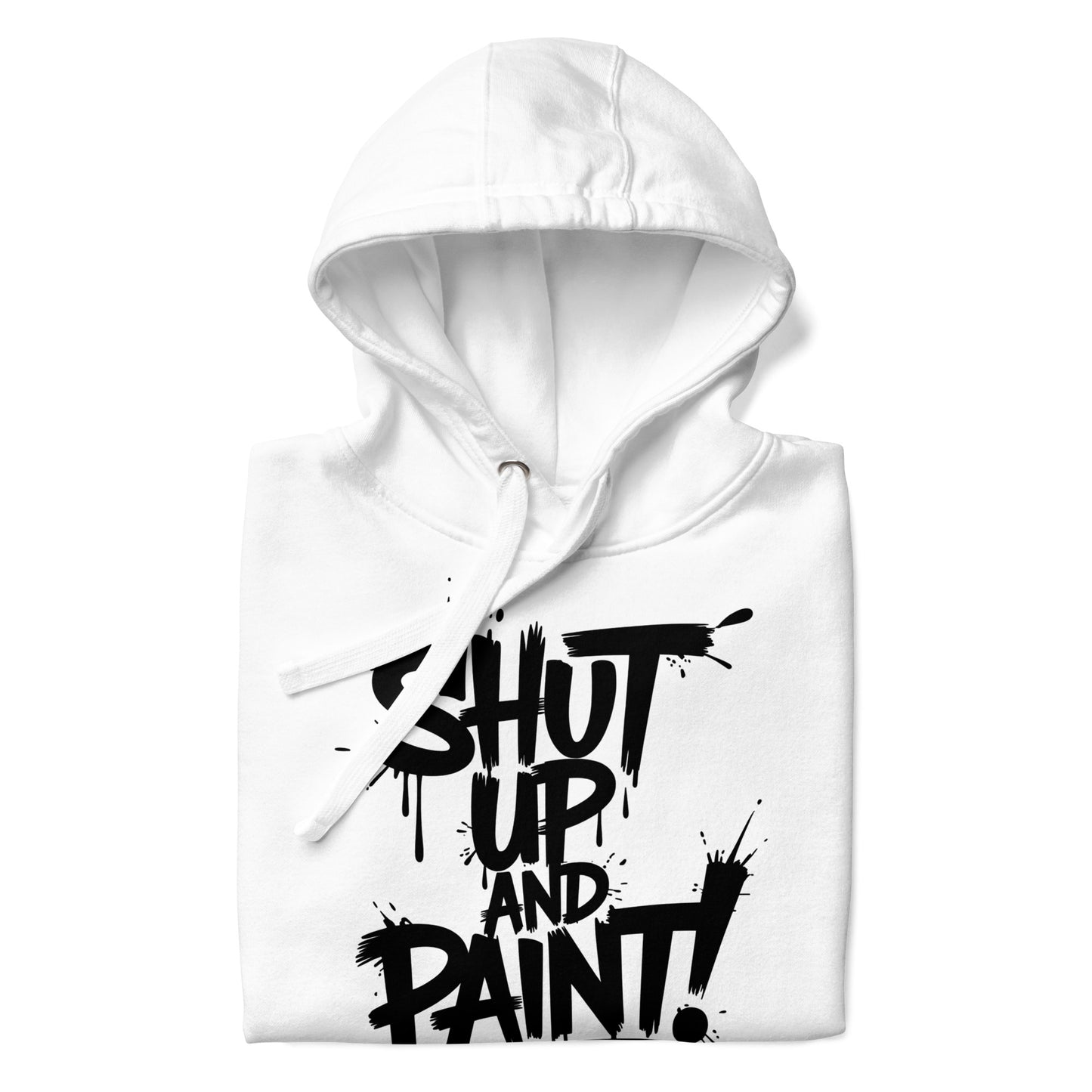 White-Shut Up and Paint Graffiti Hoodie from B.Different Clothing, folded, graffiti-inspired streetwear