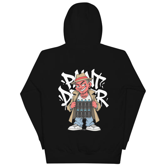 Black-Paint Dealer Graffiti Character Hoodie from B.Different Clothing, back view, graffiti-inspired streetwear