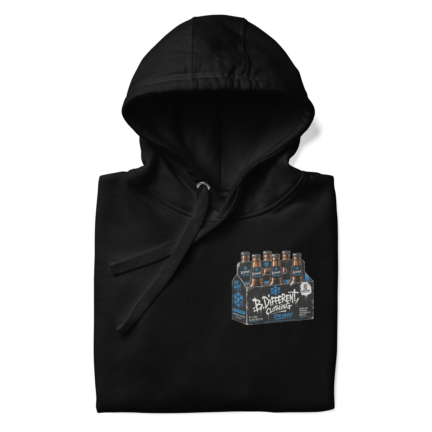 Black-Six Pack Beer Graffiti Hoodie from B.Different Clothing, folded, graffiti-inspired streetwear