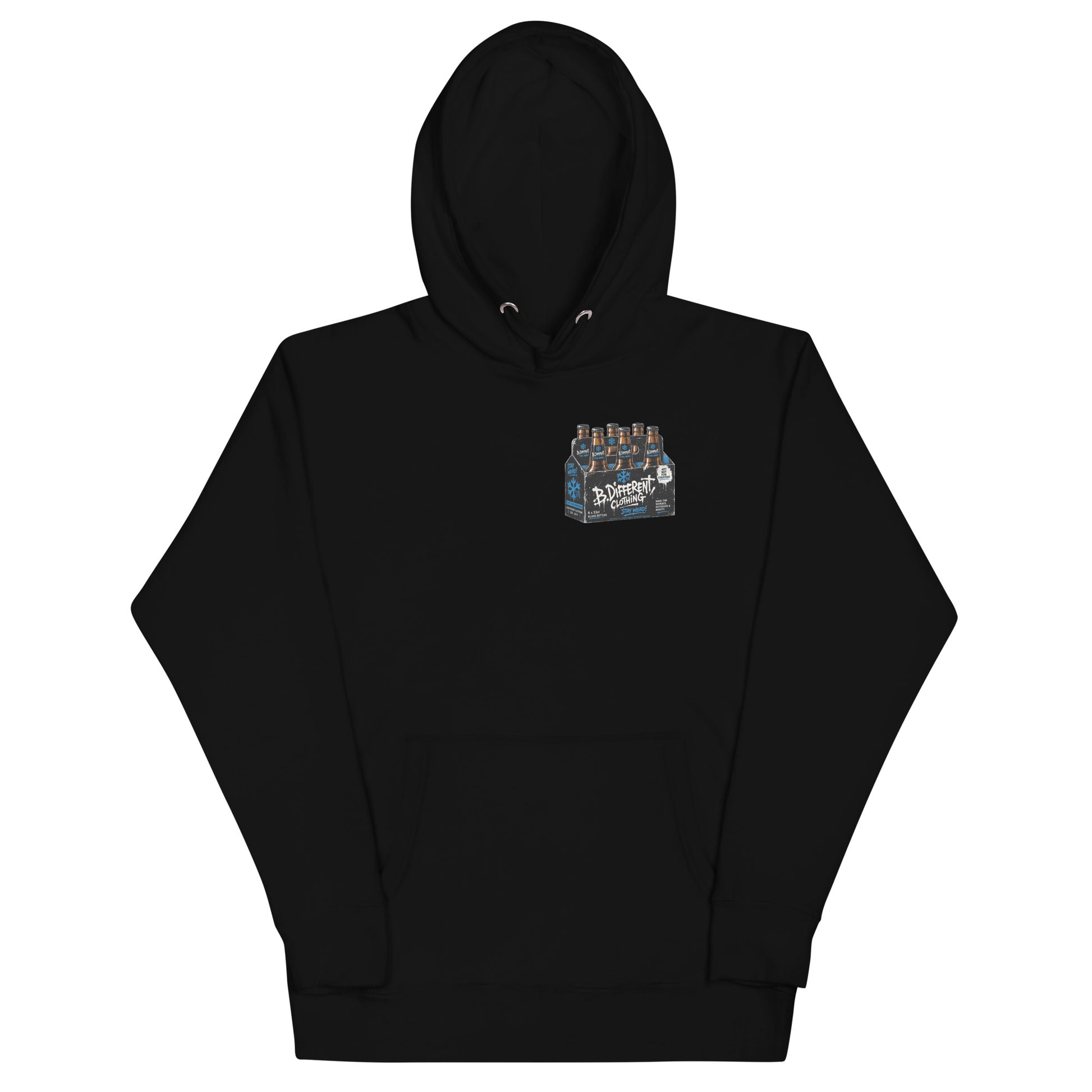 Black-Six Pack Beer Graffiti Hoodie from B.Different Clothing, front view, graffiti-inspired streetwear