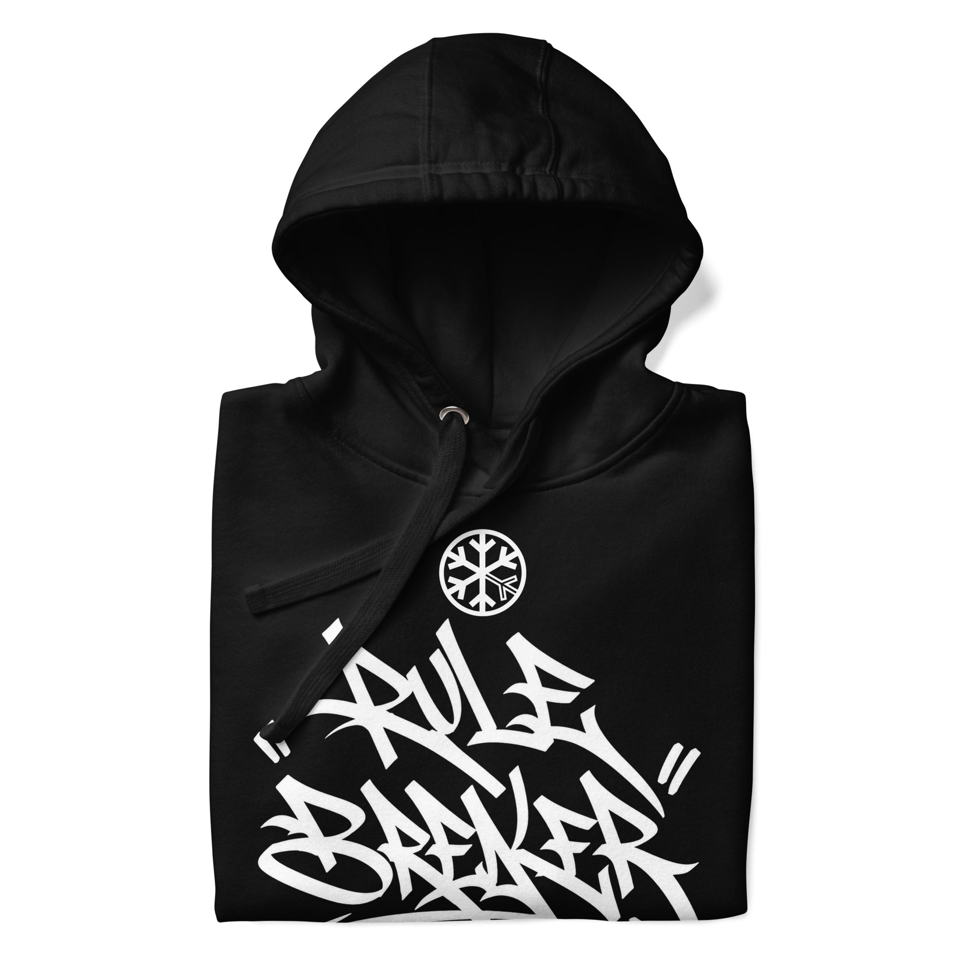 Black-Rule Breaker Graffiti Tag Hoodie from B.Different Clothing, folded, graffiti-inspired streetwear