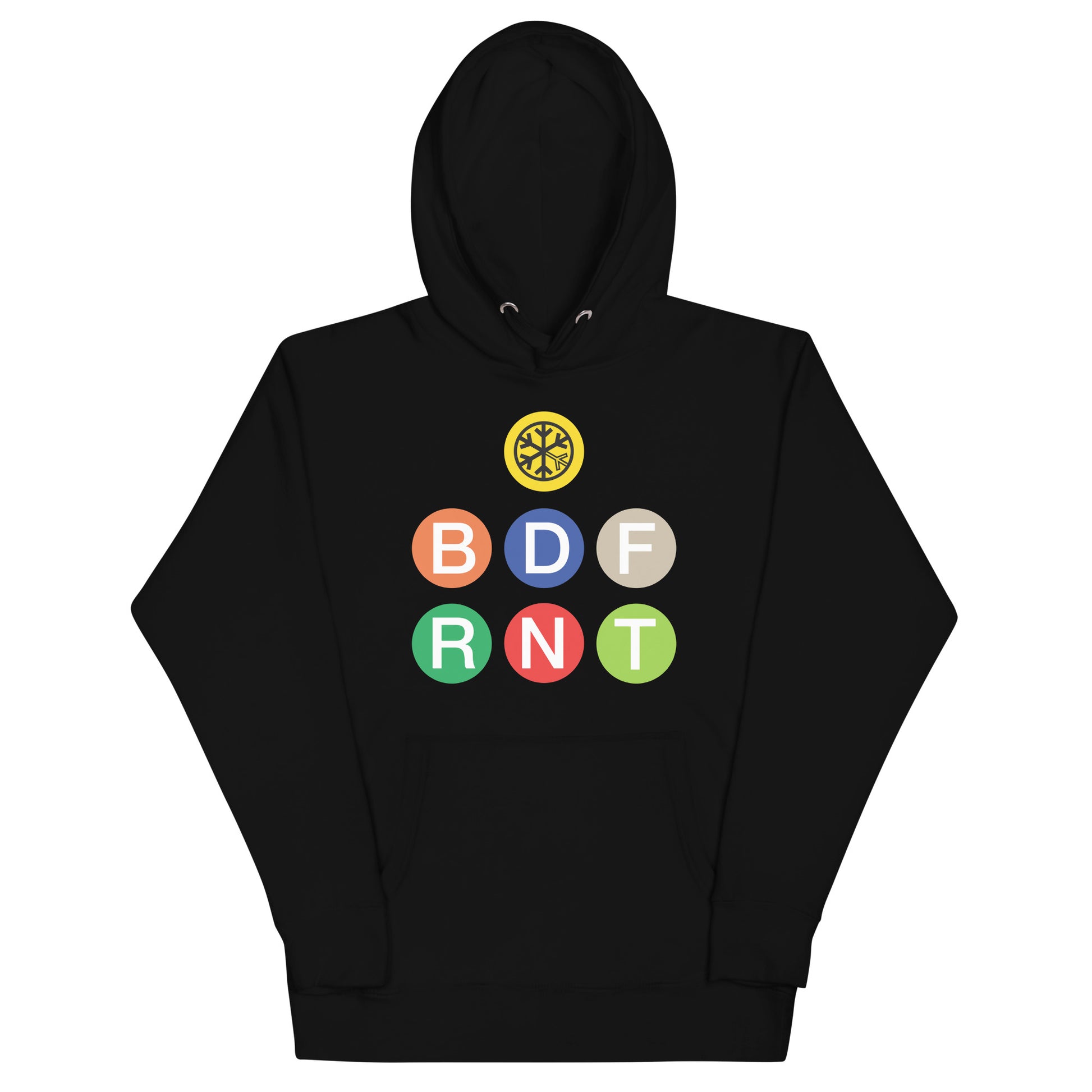 Black-BDFRNT NYC Subway Hoodie from B.Different Clothing, front view, graffiti-inspired streetwear