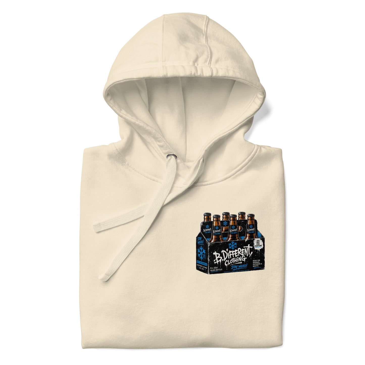 Beige-Six Pack Beer Graffiti Hoodie from B.Different Clothing, folded, graffiti-inspired streetwear