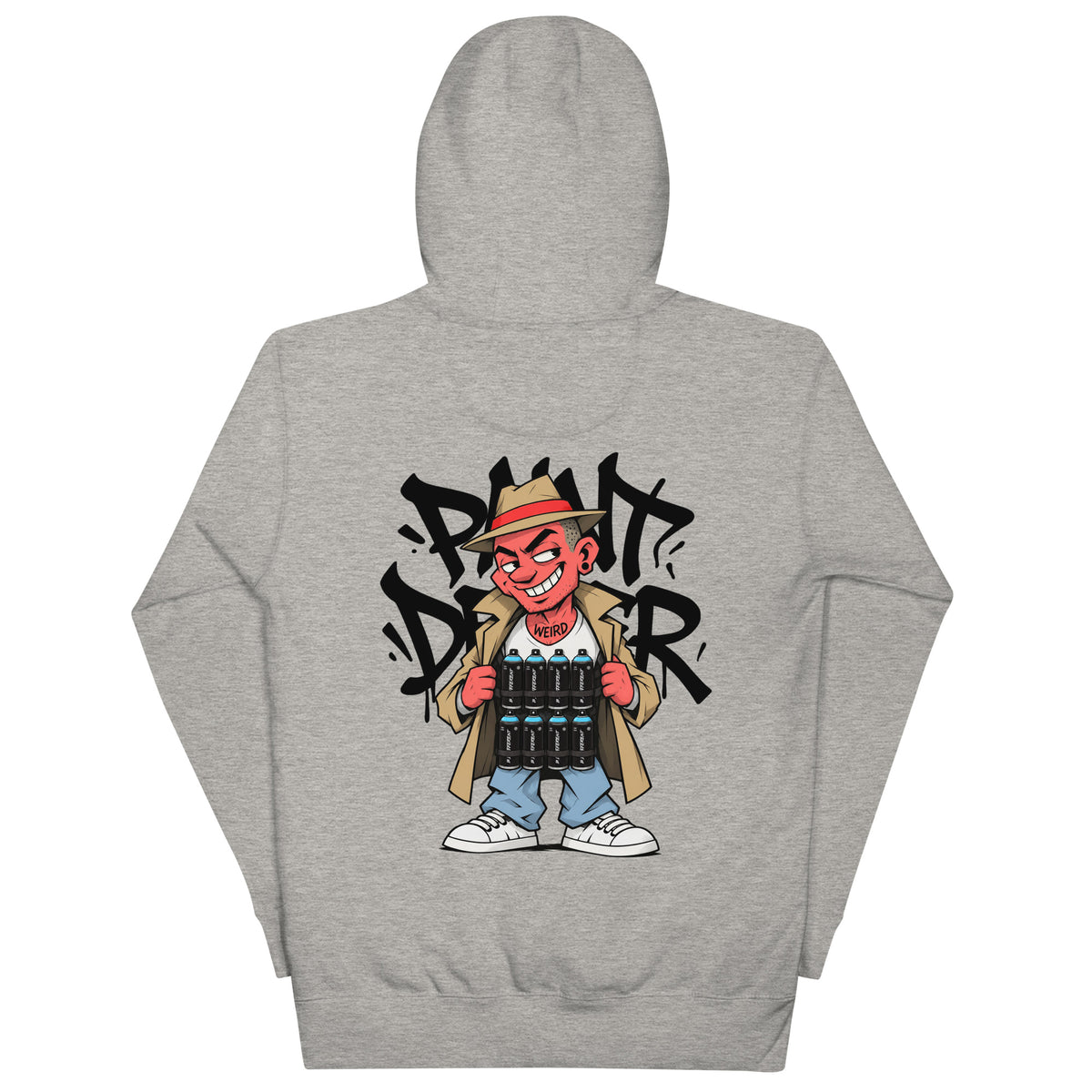 Gray-Paint Dealer Graffiti Character Hoodie from B.Different Clothing, back view, graffiti-inspired streetwear