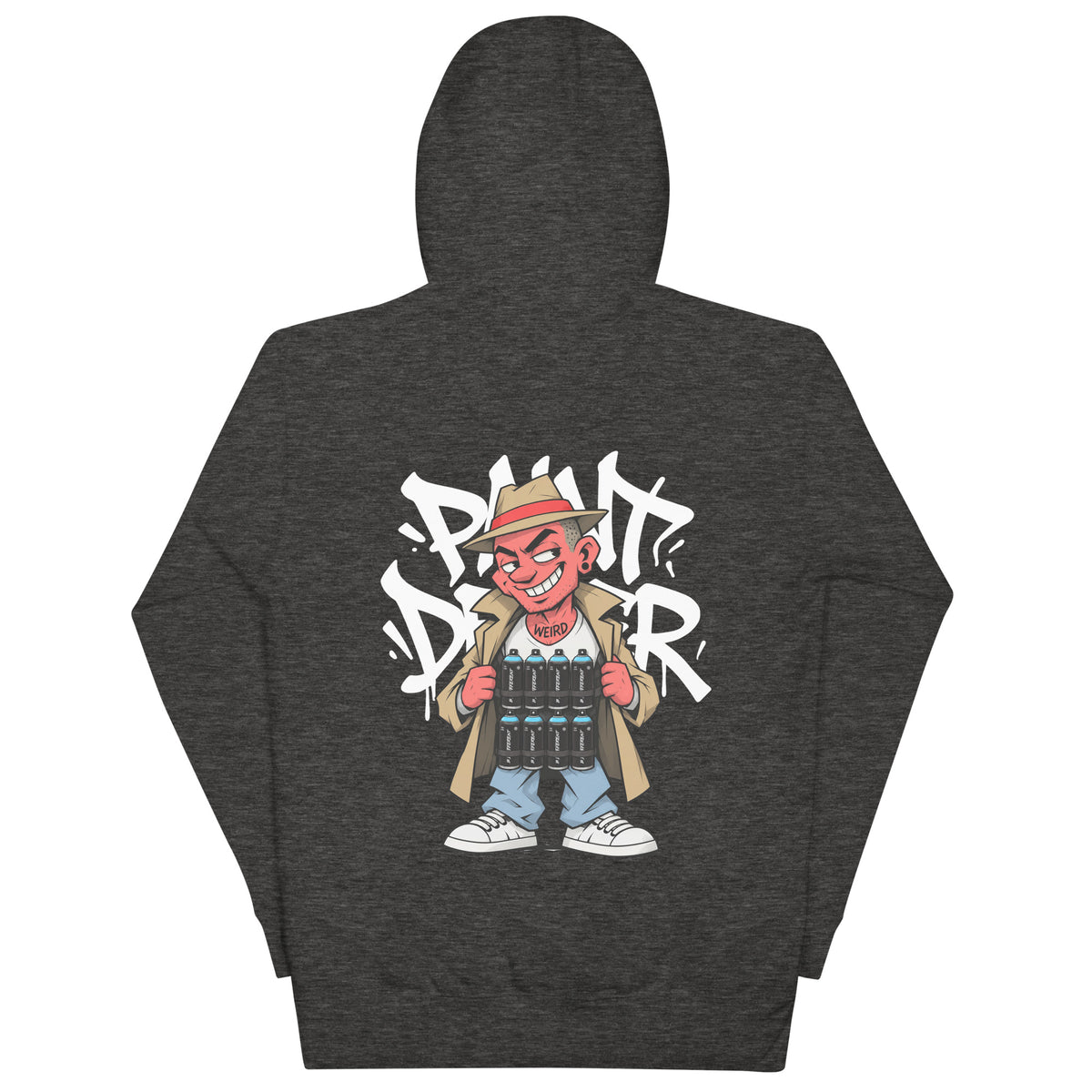 Dark Gray-Paint Dealer Graffiti Character Hoodie from B.Different Clothing, back view, graffiti-inspired streetwear