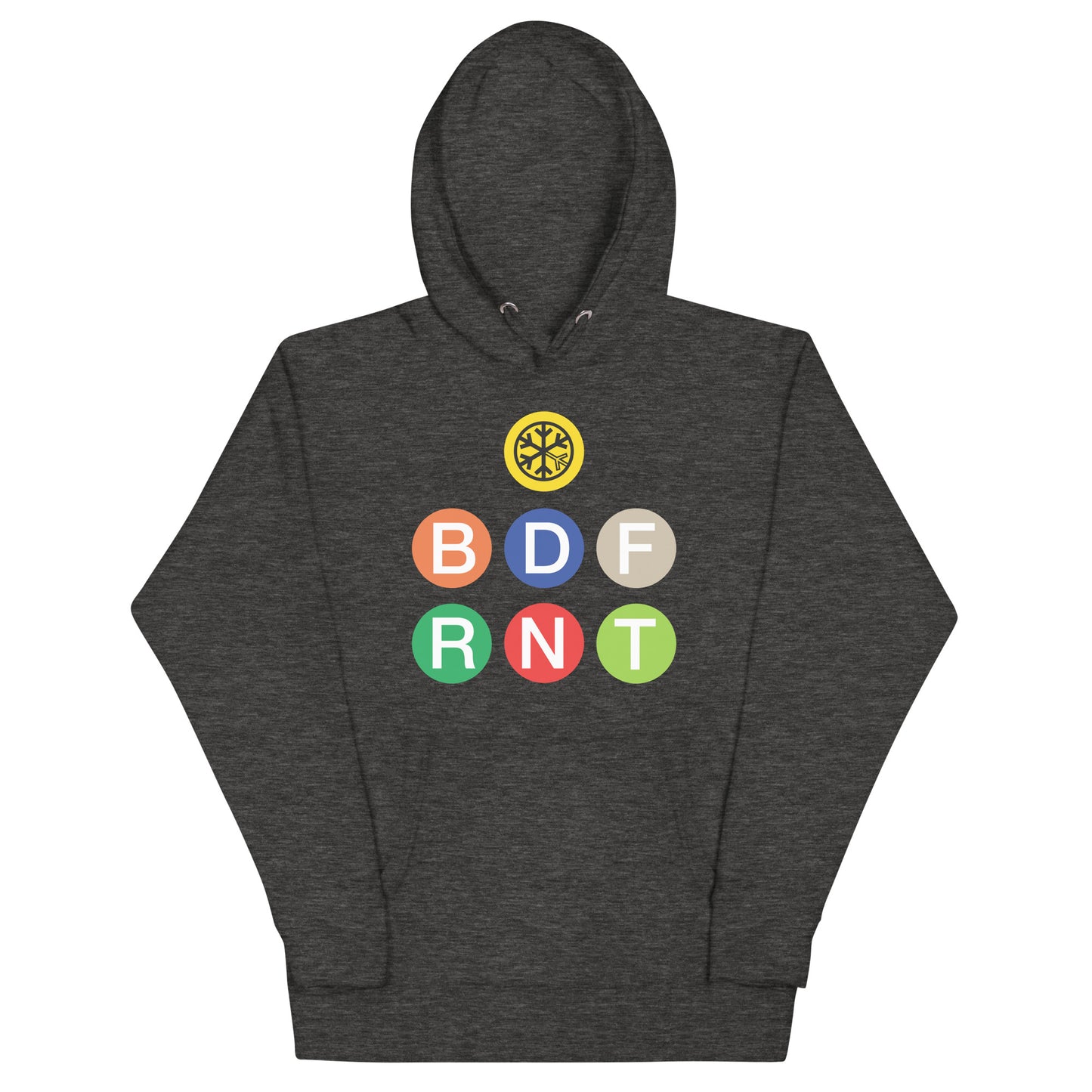 Charcoal Heather-BDFRNT NYC Subway Hoodie from B.Different Clothing, front view, graffiti-inspired streetwear