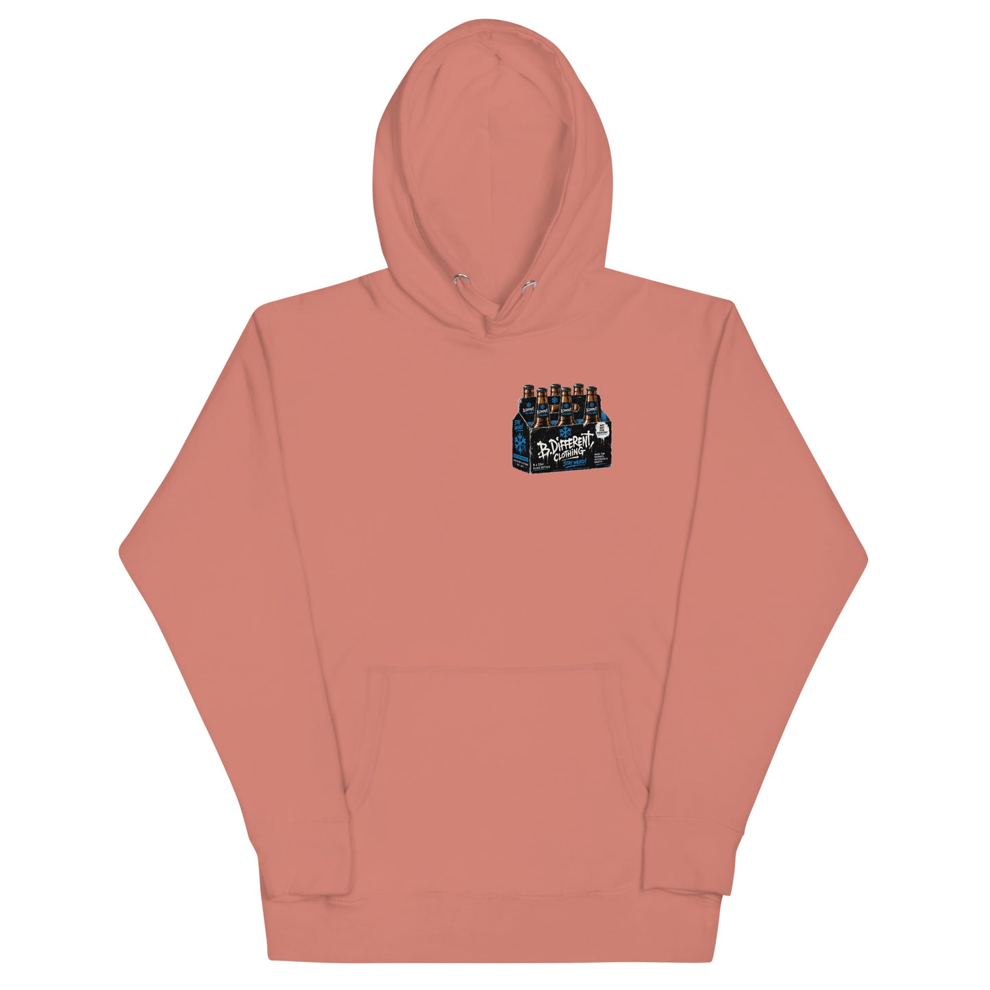 Pink-Six Pack Beer Graffiti Hoodie from B.Different Clothing, front view, graffiti-inspired streetwear