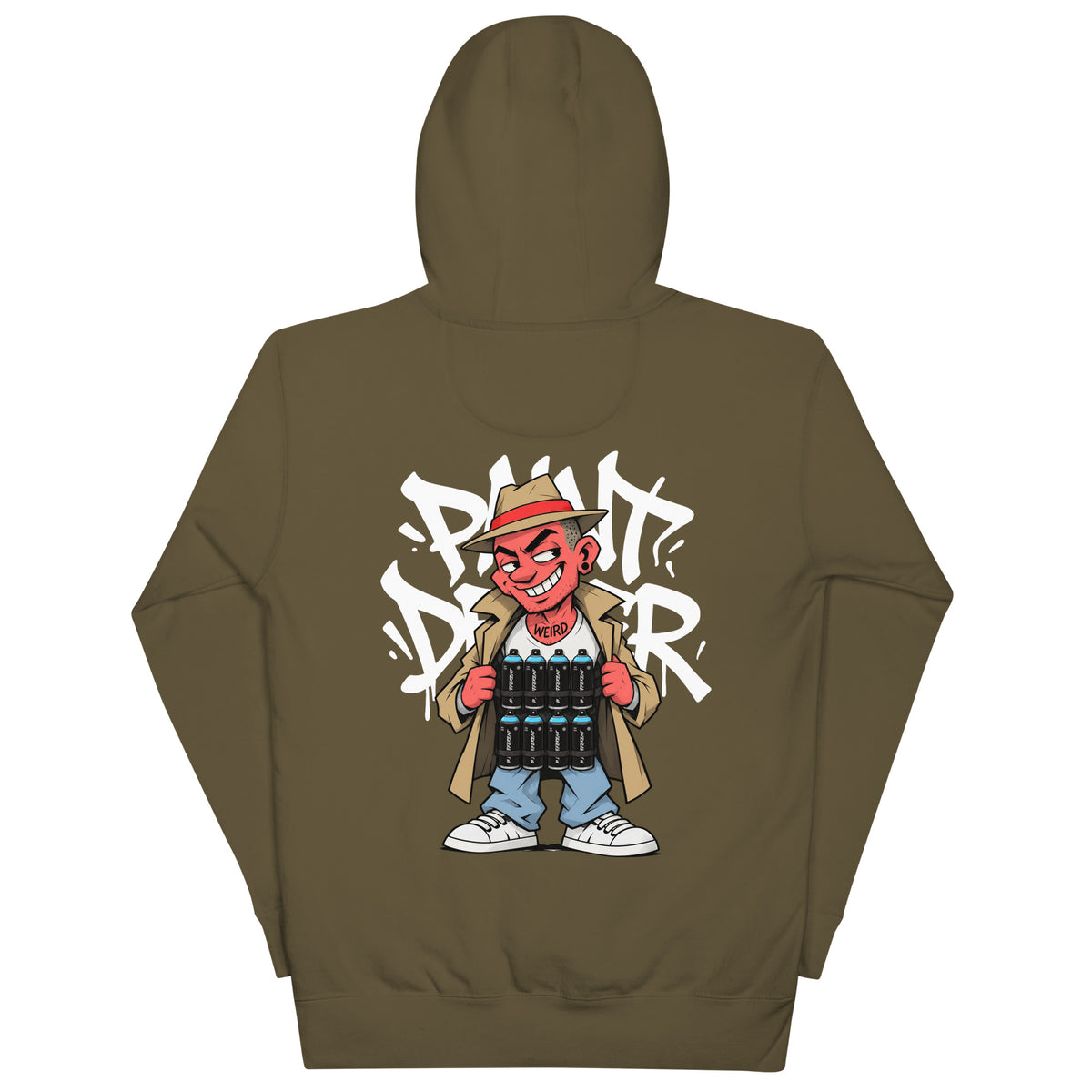 Army Green-Paint Dealer Graffiti Character Hoodie from B.Different Clothing, back view, graffiti-inspired streetwear