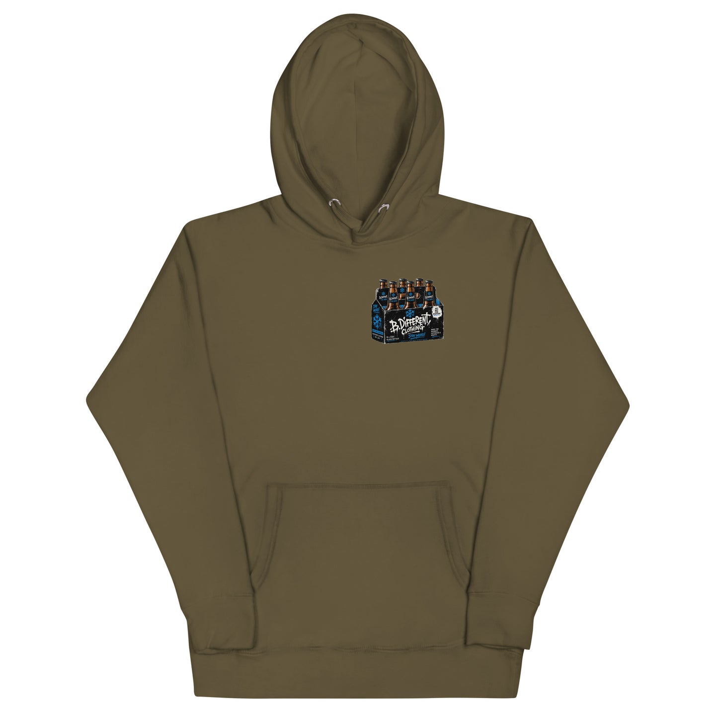 Army Green-Six Pack Beer Graffiti Hoodie from B.Different Clothing, front view, graffiti-inspired streetwear