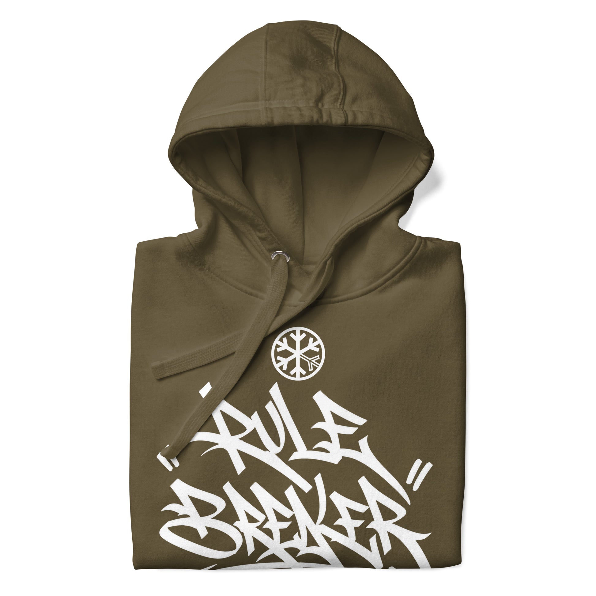 Military Green-Rule Breaker Graffiti Tag Hoodie from B.Different Clothing, folded, graffiti-inspired streetwear