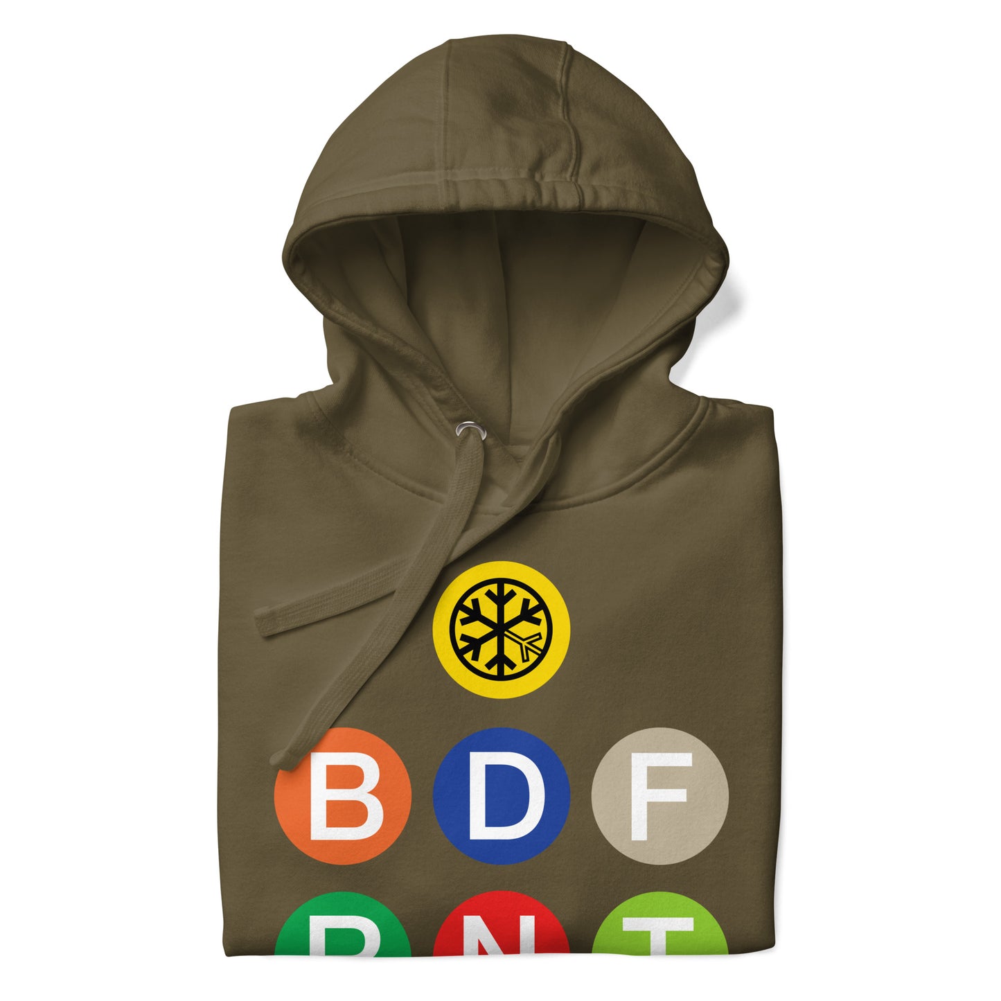 Military Green-BDFRNT NYC Subway Hoodie from B.Different Clothing, folded, graffiti-inspired streetwear