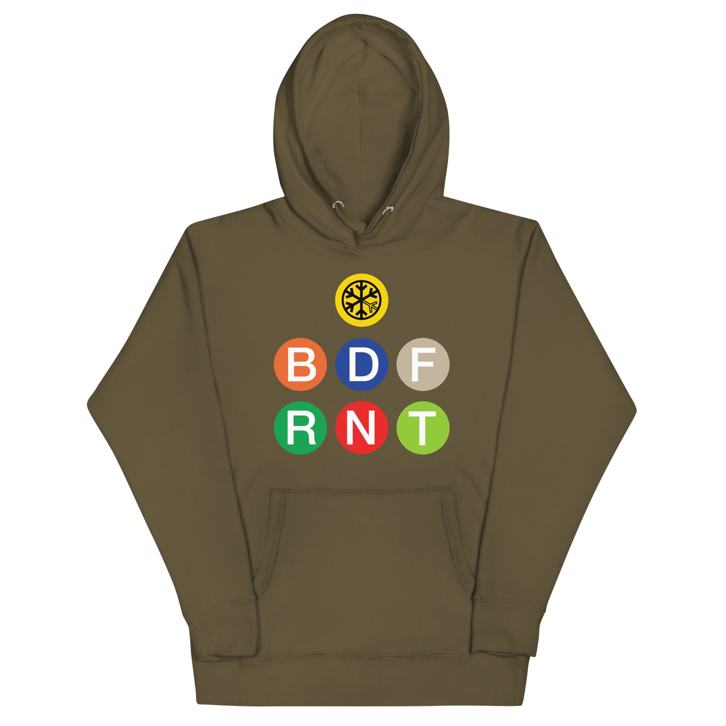 Military Green-BDFRNT NYC Subway Hoodie from B.Different Clothing, front view, graffiti-inspired streetwear