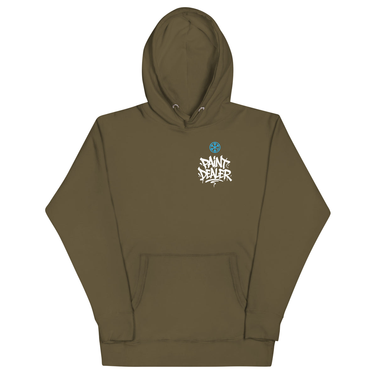 Army Green-Paint Dealer Graffiti Character Hoodie from B.Different Clothing, front view, graffiti-inspired streetwear