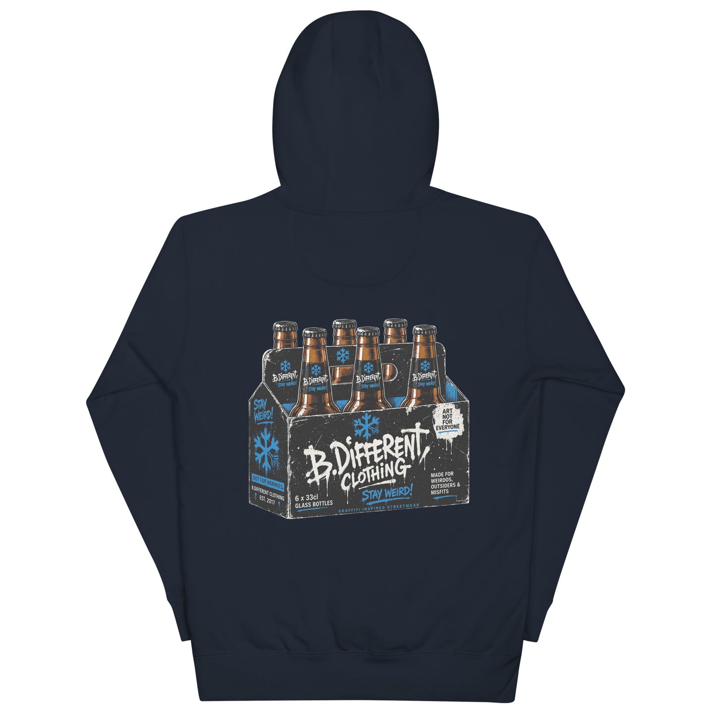Navy-Six Pack Beer Graffiti Hoodie from B.Different Clothing, back view, graffiti-inspired streetwear